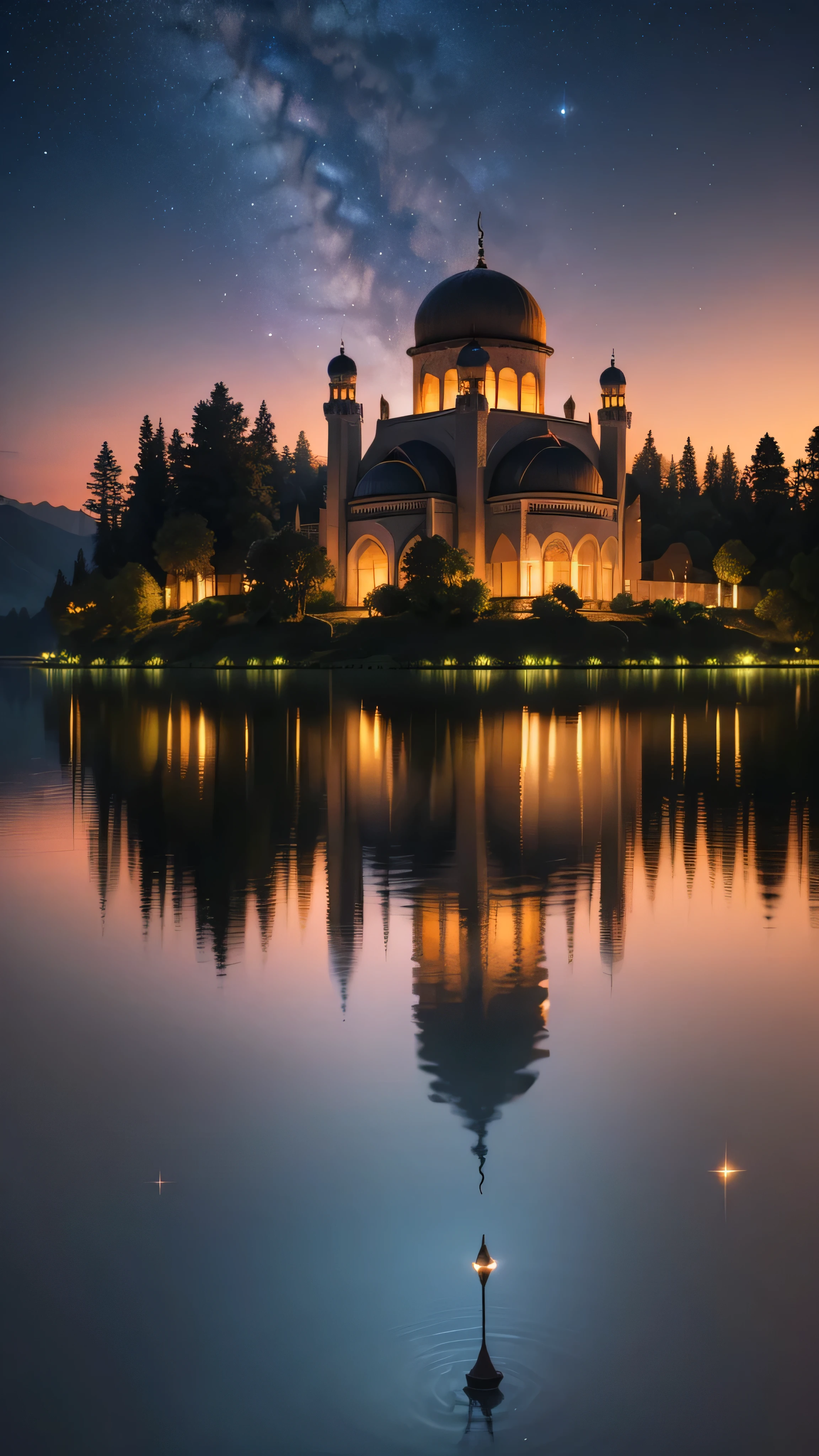 mosque on an island in the middle of a clear lake, trees on the edge of the lake and around the mosque, around the lake there are hills, with an night atmosphere, sky full of the stars, shooting stars, high resolution, super hd, far few mosuque