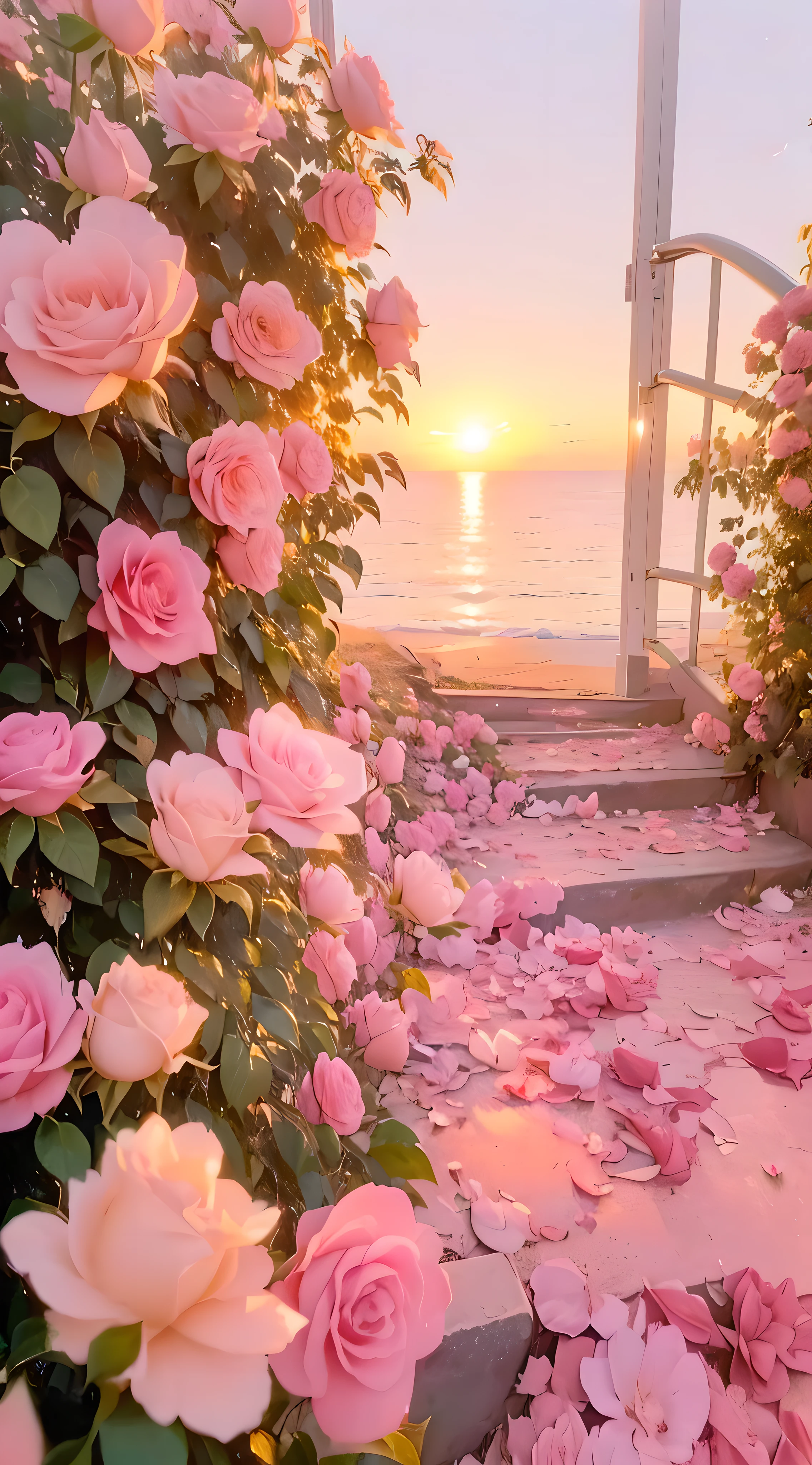 Pink roses scattered on the ground near the stairs, pink golden hour, blonde, floral sunset, Beautiful and beautiful, soft pink, (pink), pink flowers, pink sunshine, rosette, pink夕阳, beautiful background, beautiful aesthetic, heaven pink, portal made of roses, gorgeous romantic sunset, pink tint, There are flowers everywhere, pink色调