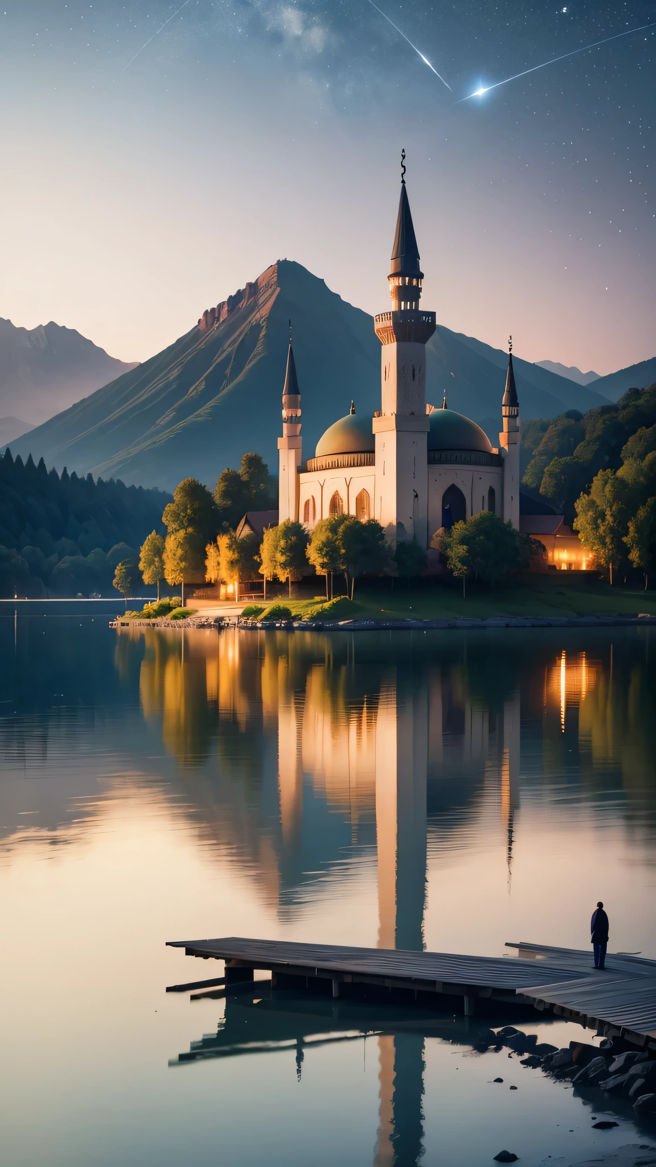 mosque on an island in the middle of a clear lake, trees on the edge of the lake and around the mosque, around the lake there are hills, with an night atmosphere, sky full of the stars, shooting stars, high resolution, super hd, far few mosuque