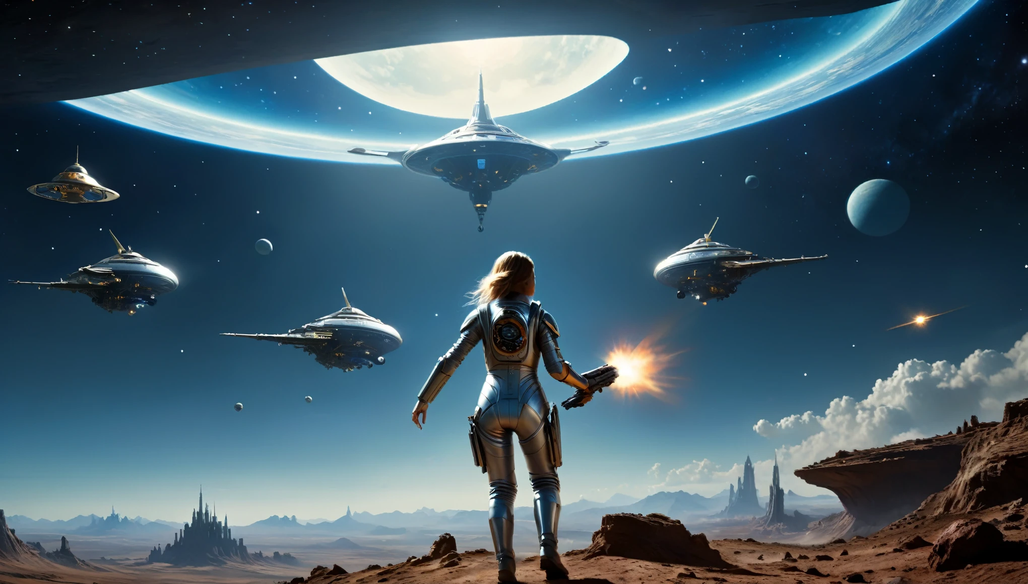 cinematic scene, superrealism, a woman in a glass spacesuit, uses a blaster in a battle with a glass flying dragon, on the surface of a terrible planet, action pose, in the background another large spaceship, an epic scene, battle, war, a mystical Martian city in the steampunk style is visible, even further away unusual inhabitants and another flying dragon are visible, a mystical environment, a sky full of bright multi-colored stars and satellites, an image in the style of Augustus Edwin Mulready, soft studio lighting, ultra-detailed backgrounds, ultra-high resolution, ultra-high quality.