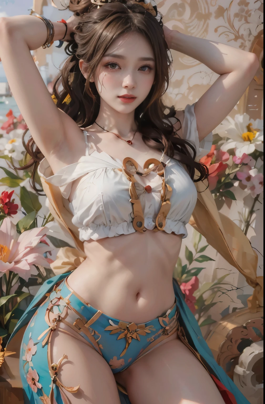 Modify hair only、Face）White clothes，chiffon，Nudity looms，Reddish-brown hair，curls，ponytail，Nice bun，Perfect hairstyle，red headdress，red eyes，red eye，red pupils，Delicate and detailed eyes，clear eyes，Red eyes，huge ，Navel exposed，Beautiful gemstone necklace，Smile，seaside，flowers，Extremely detailed CG unified 8K wallpaper，（high dynamic range：1.4），（），（pastel colors，dim colors，soothing tones： 1.3）blurred background