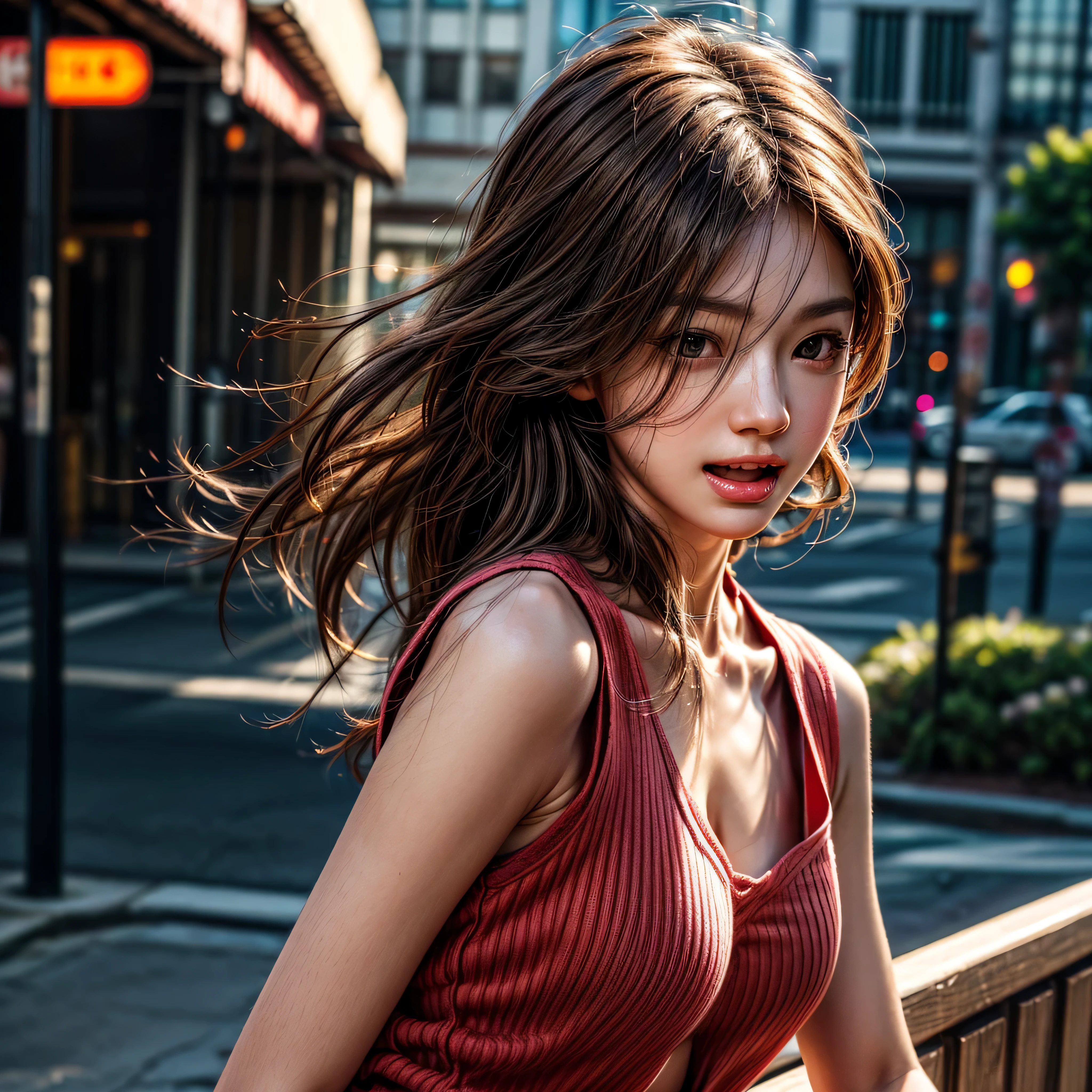 (tmasterpiece:1.3, top-quality, ultra high res, ultra detailed), (realistic, photorealistic:1.4), beautiful illustration, perfect lighting, natural lighting, colorful, depth of fields, beautiful detailed hair, beautiful detailed face, beautiful detailed eyes, beautiful clavicle, beautiful body, beautiful chest, beautiful thigh, beautiful legs, beautiful fingers, looking at viewer, (face focus, upper body), 1 girl, japanese, high school girl, perfect face, (perfect anatomy, anatomically correct), cute and symmetrical face, face, , shiny skin, (long hair:1.7, straight hair:1.0, rosy brown hair), swept bangs, gold eyes, big eyes, slant eyes, long eye lasher, (medium breasts:1.6, tight butt, seductive thighs), slender, (((shocking pink knit vest), collared white shirt, black pleated skirt, red tie)), black school socks, (beautiful scenery), morning, (school), walking, ((eatting melon bread)), (seductive smile, open mouth small), vibrant DSLR colorful epic tmasterpiece ultra_high-resolution ultra_high-definition ultra_high-quality saturate reflection, varies multi etc. --v6 --s1000 --c20 --q5 --chaos100