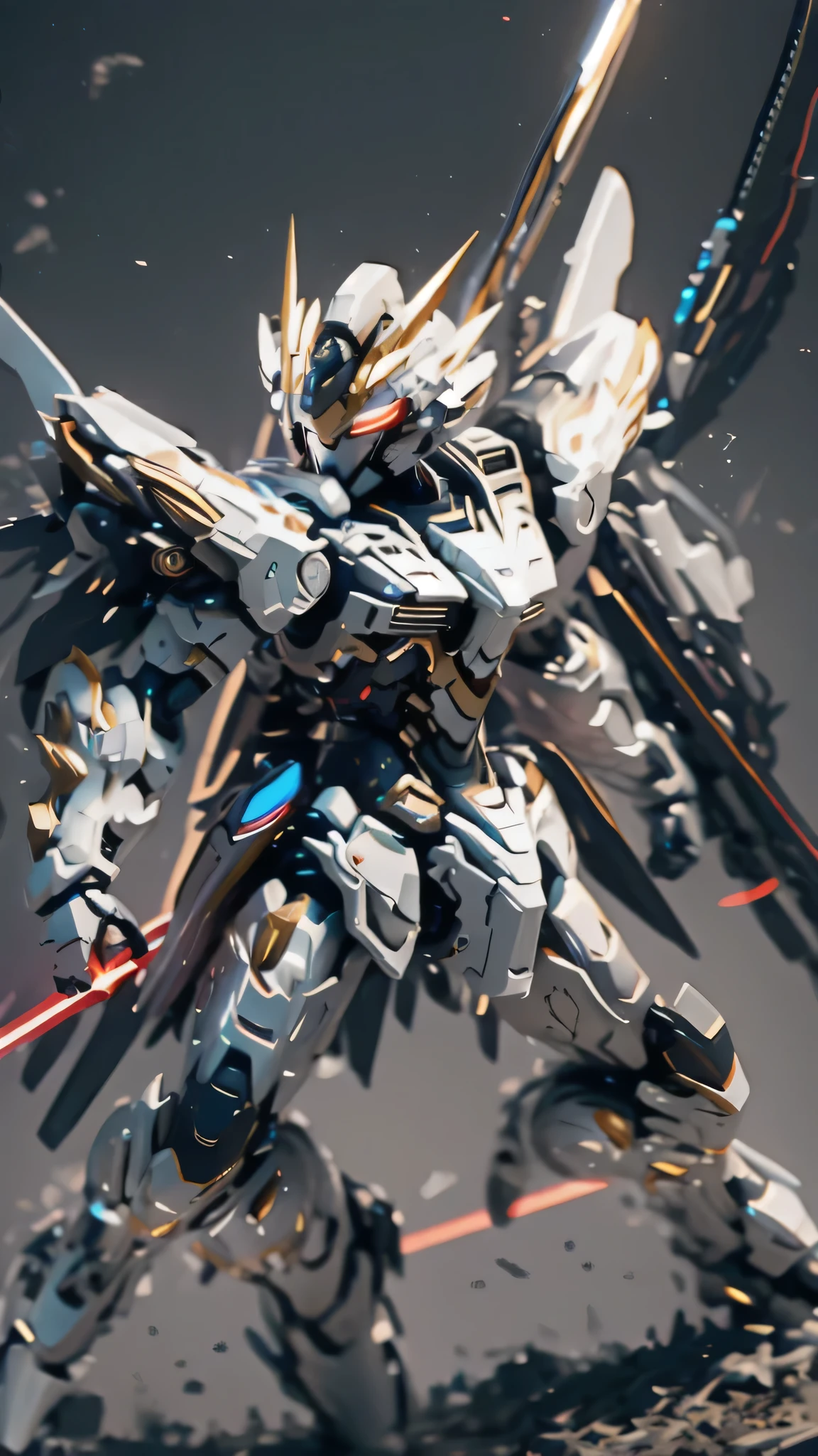 最high quality、best image quality、masterpiece、Mecha((white body、gold line、two black arms、two black legs、white backpack、Red shoulder、red glowing visor、With a beam saber、whole body missile、rifle、firing、finding、shining effect)),high quality、beautiful art、background((skyscraper city、battlefield))、Flight、debris flies、Depth of written boundary、movie、visual art、perfect art、8K,genuine、Dynamic Performance