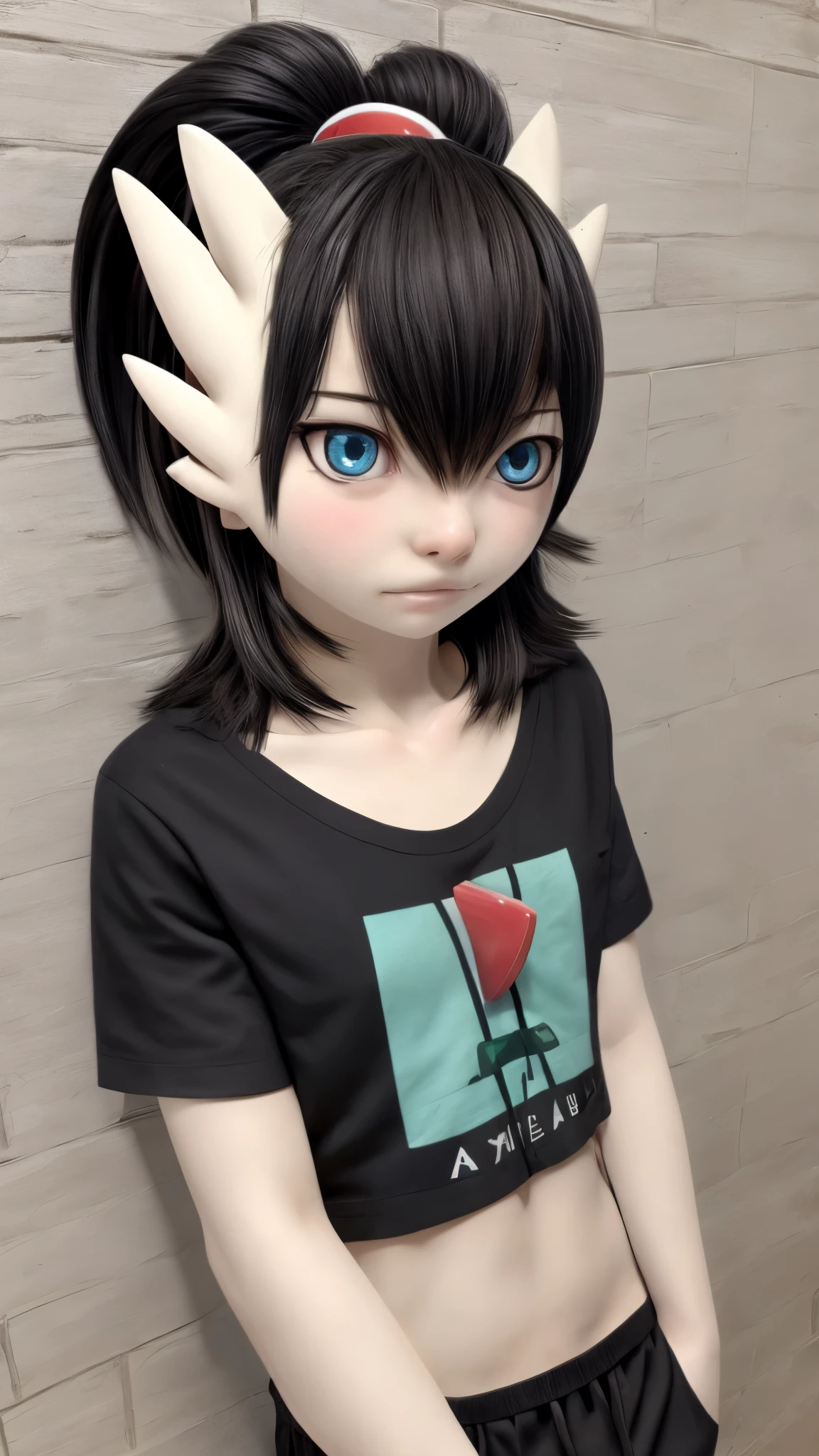1 girl, Alone, artwork, best_quality, Photoshoot, looking at camera, college age young adult gardevoir, tired expression, Pokémon, Pokémon (game), game freak, nintendo, (porcelain skin), blue eyes, (hair black), (messy hair in a ponytail), black cardigan, loose t-shirt, black sweatpants, gen 3 pokemon, Pokémon (creature), White skin, concrete background, leaning 