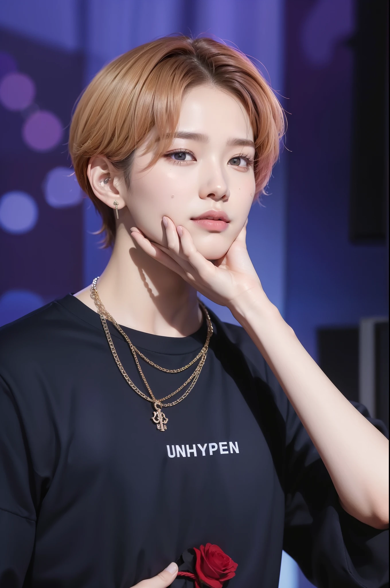 un primer plano de una persona con un collar sosteniendo una rosa roja, Cai Xu Kun, Jung Jaehyun, kim doyoung, inspirado en Bian Shoumin, jungkook, hyung tae, con el mismo peinado, kim taejin, jinyoung shin, aesthetic jinyoung pimple, taken in the early 2020s, yanjun chengt, ironic smile
