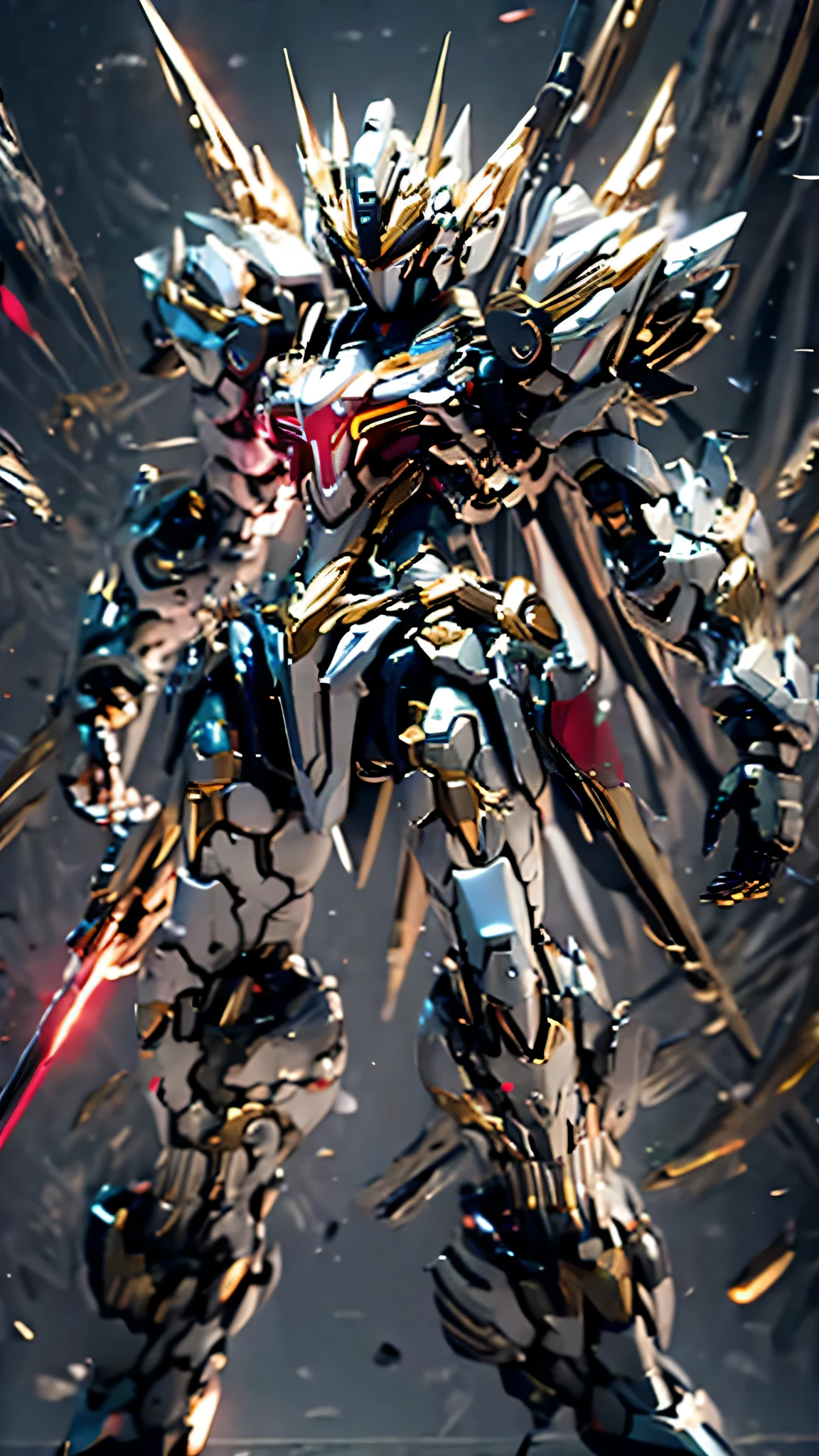 最high quality、best image quality、masterpiece、Mecha((white body、gold line、two black arms、two black legs、white backpack、Red shoulder、red glowing visor、With a beam saber、whole body missile、rifle、firing、finding、shining effect)),high quality、beautiful art、background((skyscraper city、battlefield))、Flight、debris flies、Depth of written boundary、movie、visual art、perfect art、8K,genuine、Dynamic Performance