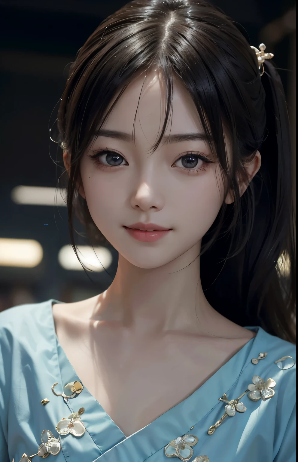 masterpiece, 1 beautiful girl, be familiar with, eye swelling, highest quality, 超High resolution, (reality: 1.4), original photo, 1 girl, cinematic lighting, smile, Japanese, asian beauty, Korean, neat, so beautiful, a little young face, beautiful skin, thin, cyberpunk background, (超reality的な), (figure), (High resolution), (8K), (非常にbe familiar with), (best figure), (beautiful detailed eyes), (超be familiar with), (wallpaper), (be familiar with顔), beholder, small details, be familiar with顔, deep shadow, discreet key, Pure erotic face ace_V1, smile, 46 point diagonal bangs, look straight ahead, neat服, black eyes,