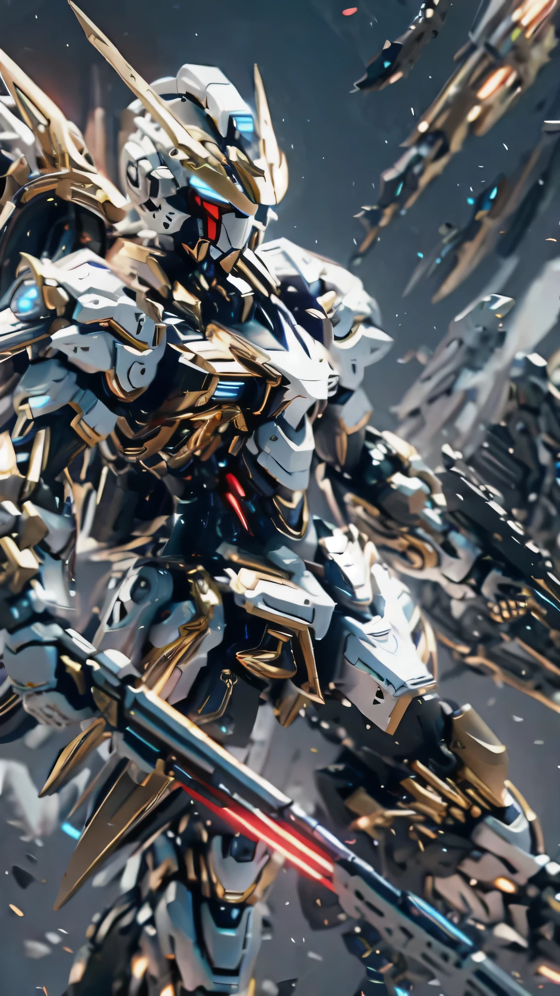 最high quality、best image quality、masterpiece、Mecha((white body、gold line、two black arms、two black legs、white backpack、Red shoulder、red glowing visor、With a beam saber、whole body missile、rifle、firing、finding、shining effect)),high quality、beautiful art、background((skyscraper city、battlefield))、Flight、debris flies、Depth of written boundary、movie、visual art、perfect art、8K,genuine、Dynamic Performance