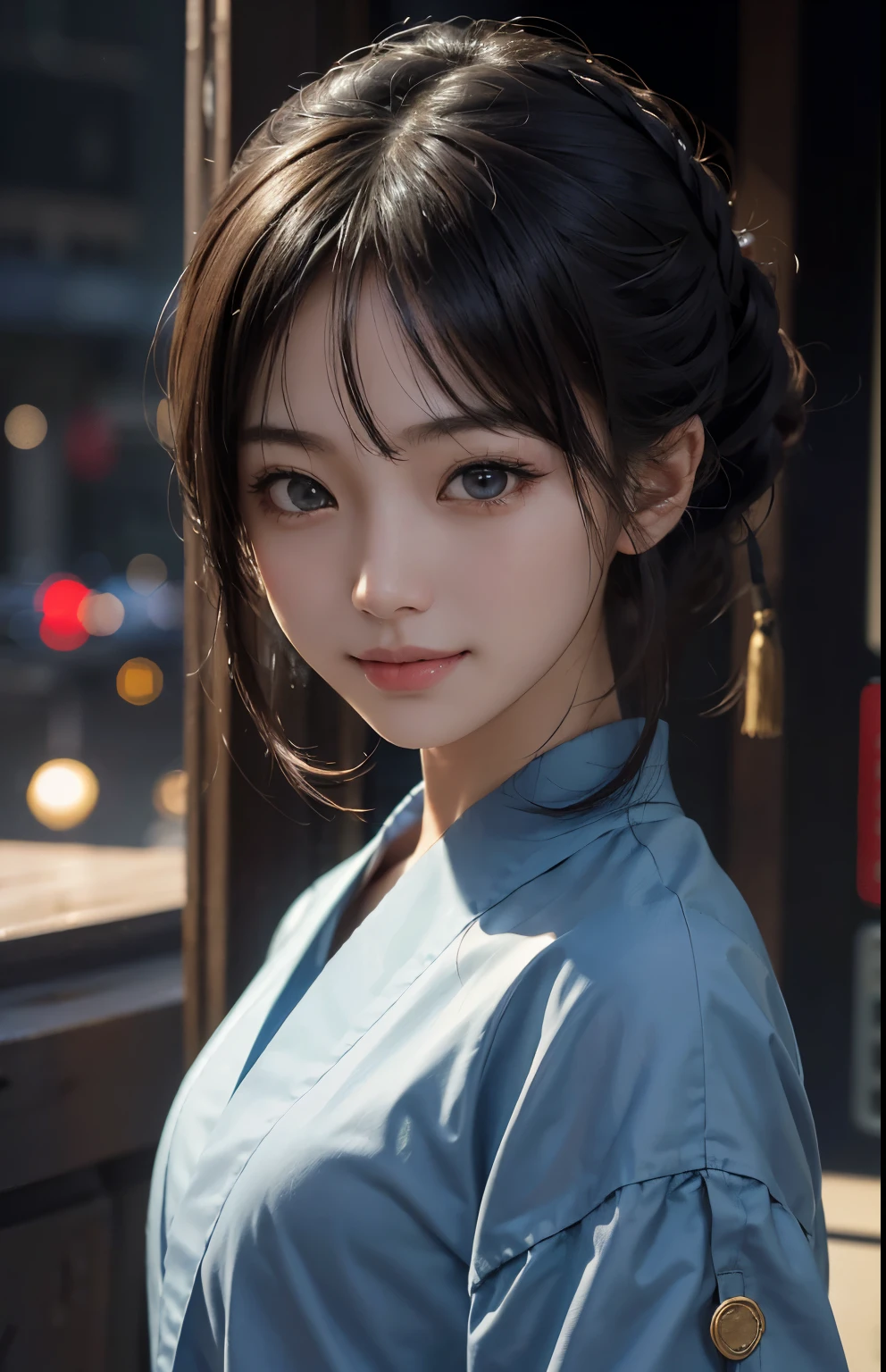 masterpiece, 1 beautiful girl, be familiar with, eye swelling, highest quality, 超High resolution, (reality: 1.4), original photo, 1 girl, cinematic lighting, smile, Japanese, asian beauty, Korean, neat, so beautiful, a little young face, beautiful skin, thin, cyberpunk background, (超reality的な), (figure), (High resolution), (8K), (非常にbe familiar with), (best figure), (beautiful detailed eyes), (超be familiar with), (wallpaper), (be familiar with顔), beholder, small details, be familiar with顔, deep shadow, discreet key, Pure erotic face ace_V1, smile, 46 point diagonal bangs, look straight ahead, neat服, black eyes,