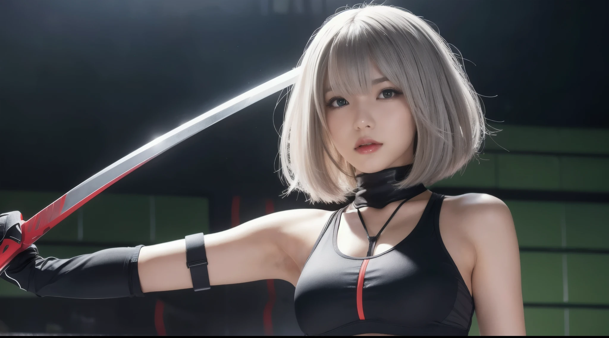 realistic, photorealistic, 1 person,girls, YoRHa,Type A,Number 2, black sports bra,green background, hair between eyes, High resolution, NieR (series), NieR automata, red lips, face with shadow, short hair, alone,  Upper body, silver hair, blue sky,looking at camera,carry a big sword,sexy pose