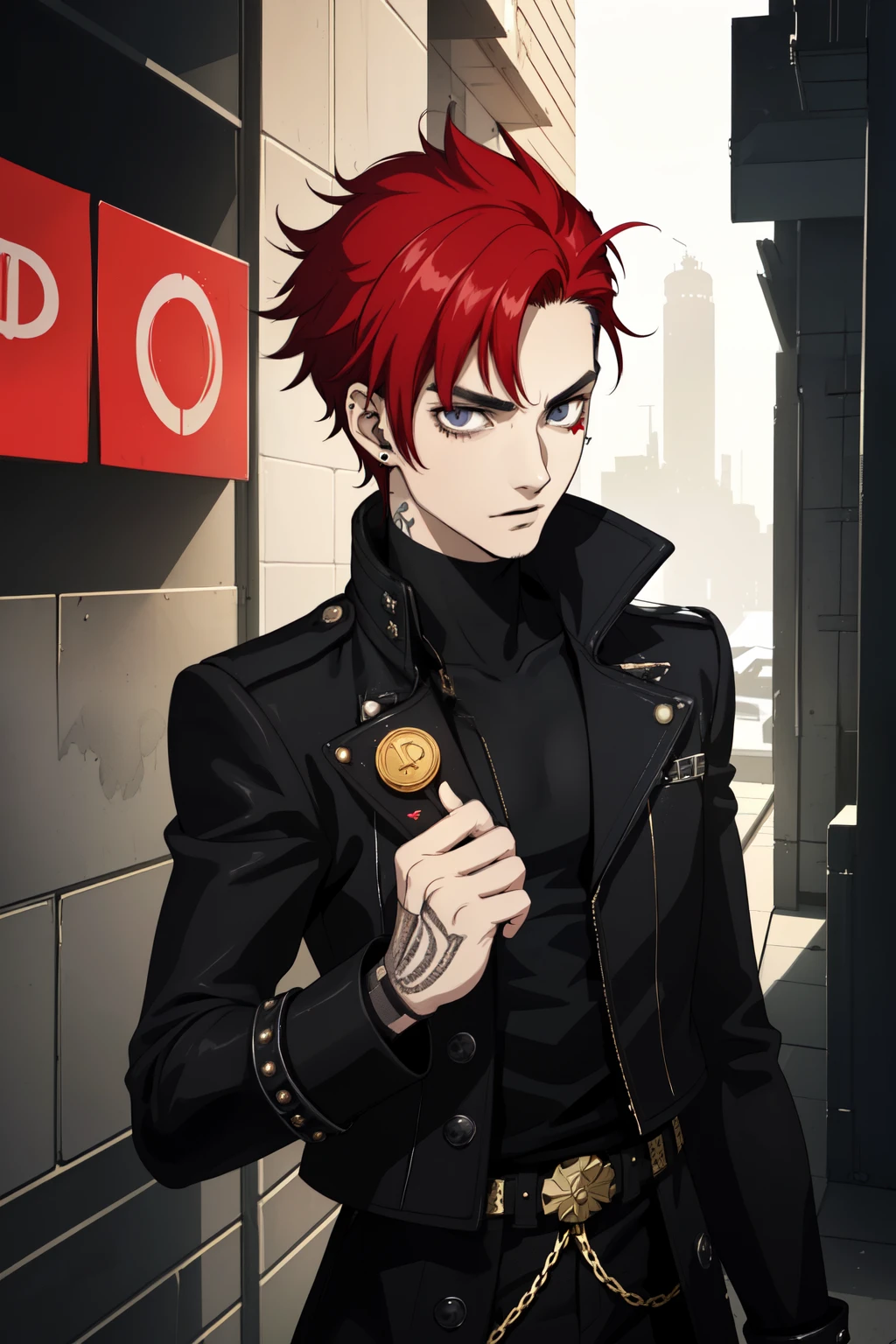 A lonely teenager stands before you in the prompt. His vibrant red spiky hair catches your attention, along with his stylish goatee and eyebrow piercing. He wears a black jacket with golden accents, showcasing his unique sense of fashion. The teen completes his look with a letter earring, adding a touch of edginess. As he stands there, you notice a glimmer of mischief in his eyes. In his hand, he holds a coin, skillfully flipping it between his fingers. The overall image exudes a sense of mystery and rebelliousness.

(blackout,grunge,urban)