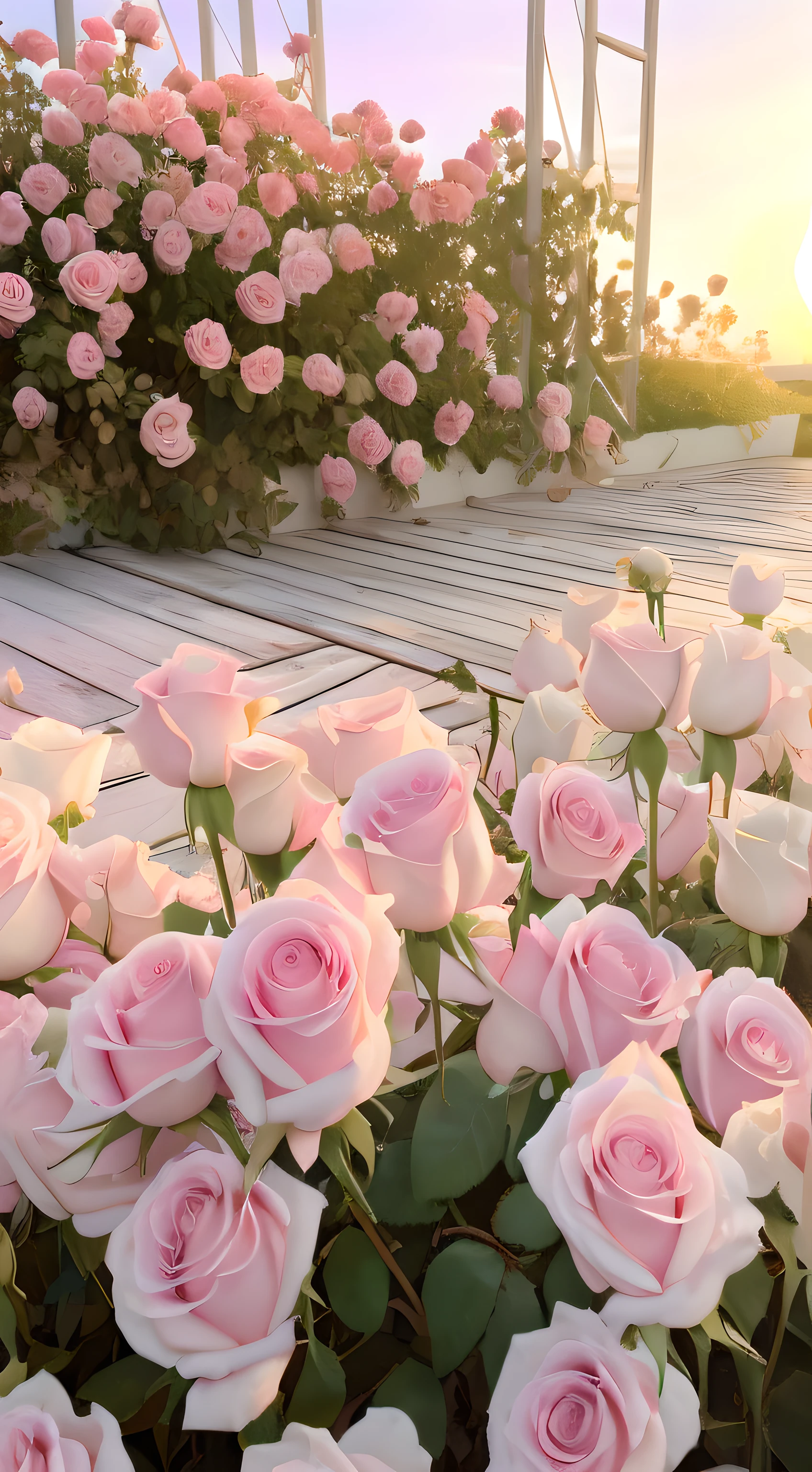 花园里有很多粉红Rose,And wooden benches, Rose background, soft pink, Beautiful and beautiful, pink golden hour, Rose花結, Rose背景, Rose garden, Beautiful flowers, 柔和的Rose, beautiful aesthetic, pink flowers, The background is heavenly, 电影灯光下的Rose, blonde, Rose, heaven pink, soft light, The aesthetic field of flowers