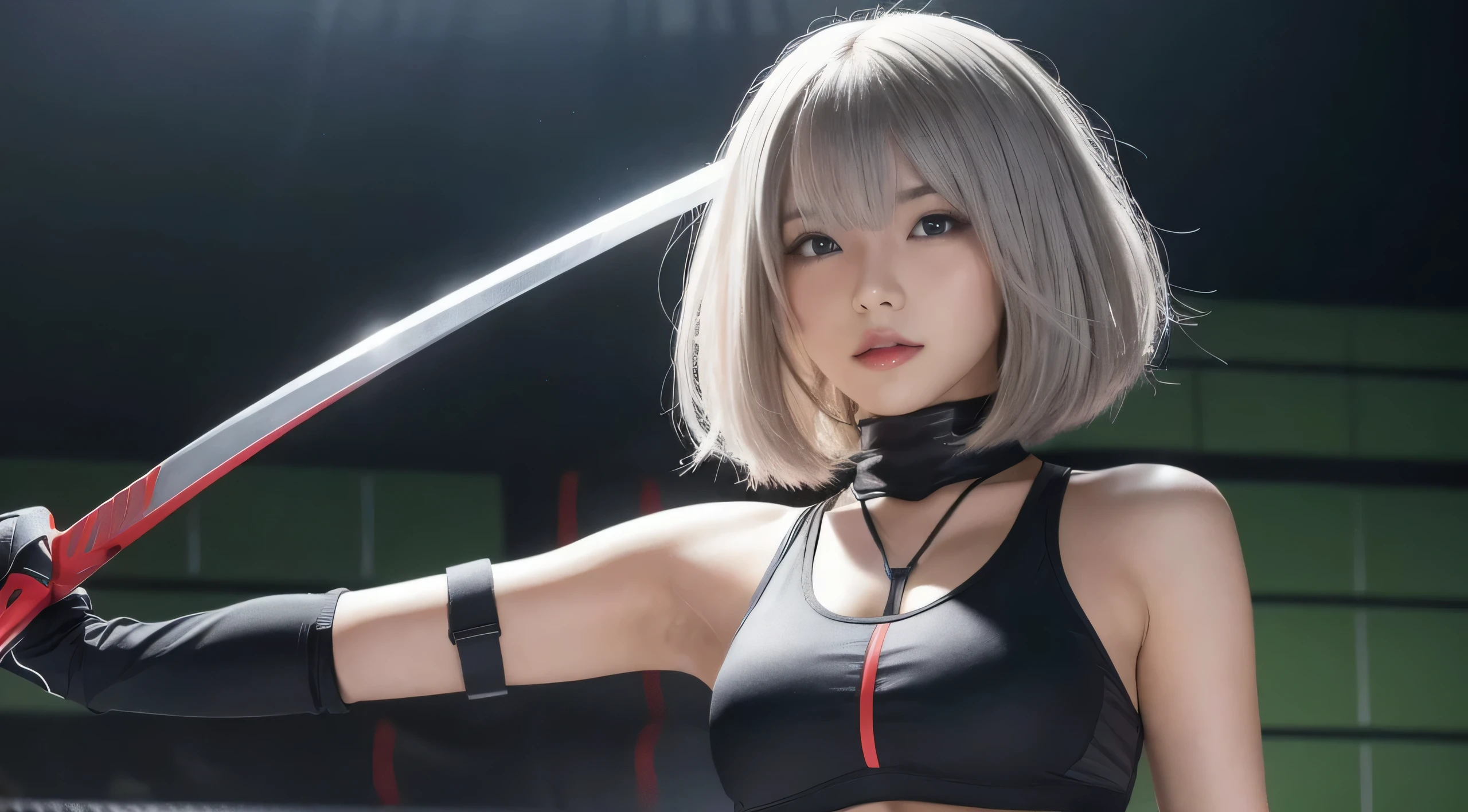 realistic, photorealistic, 1 person,girl, YoRHa,Type A,Number 2, black sports bra,green background, hair between eyes, High resolution, NieR (series), NieR automata, red lips, face with shadow, short hair, alone, Upper body, silver hair, blue sky,looking at camera,carrying a big sword,sexy pose