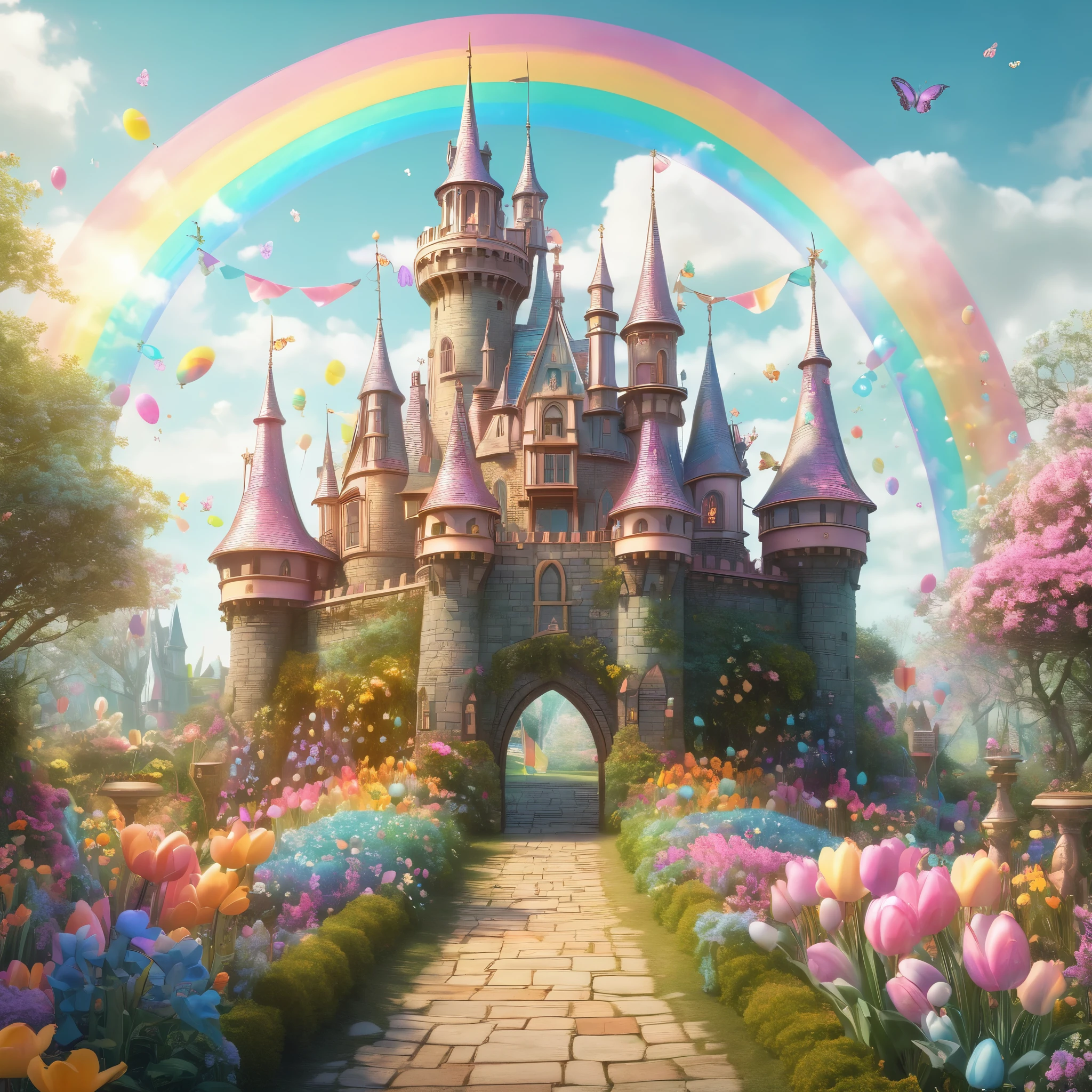 An image of a whimsical Easter fairytale castle, with turrets adorned with pastel banners and enchanted gardens blooming with rainbow flowers, detailed, realistic, HD, trending on Artstation, in the style of Gustave Doré, Arthur Rackham, and Brian Froud.