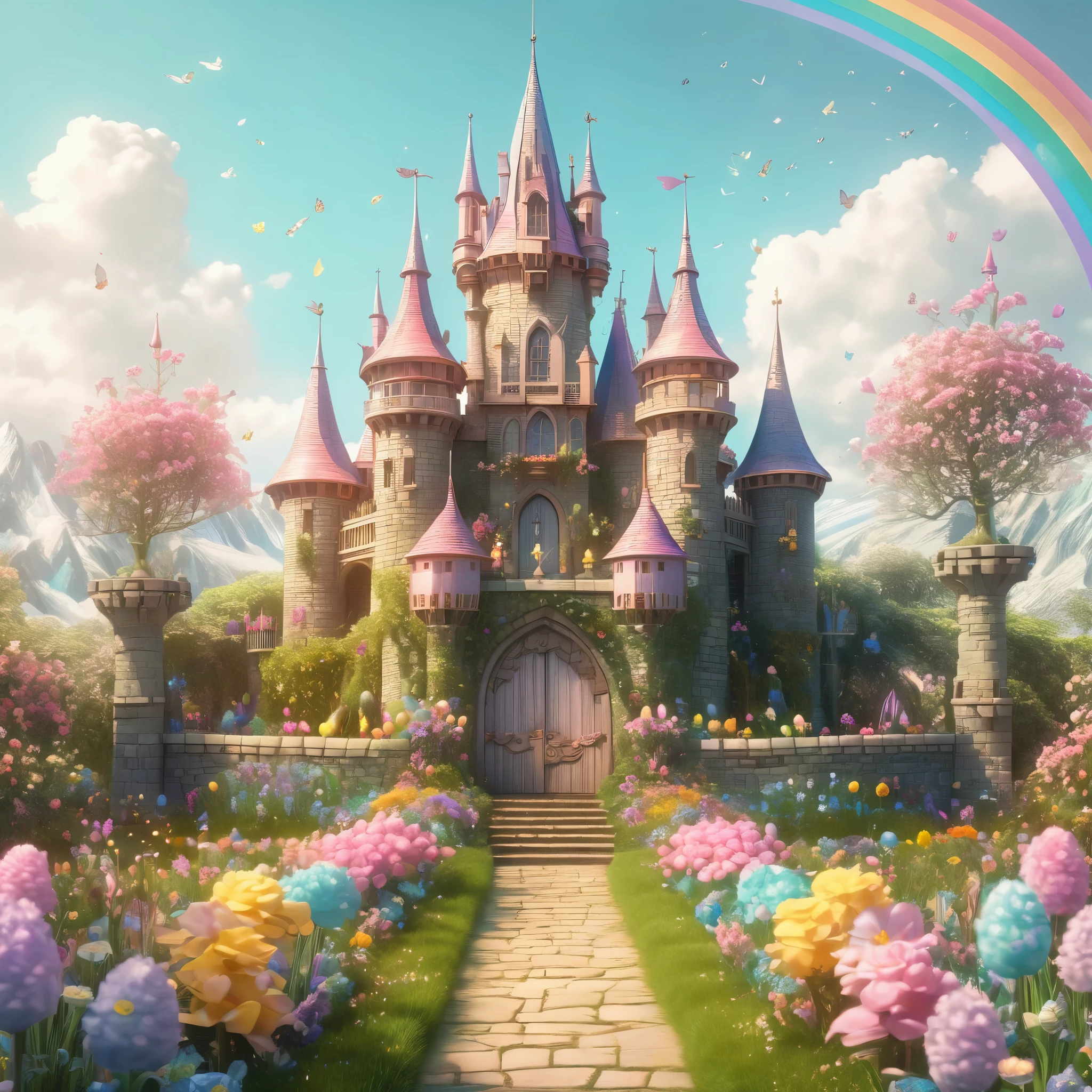 An image of a whimsical Easter fairytale castle, with turrets adorned with pastel banners and enchanted gardens blooming with rainbow flowers, detailed, realistic, HD, trending on Artstation, in the style of Gustave Doré, Arthur Rackham, and Brian Froud.