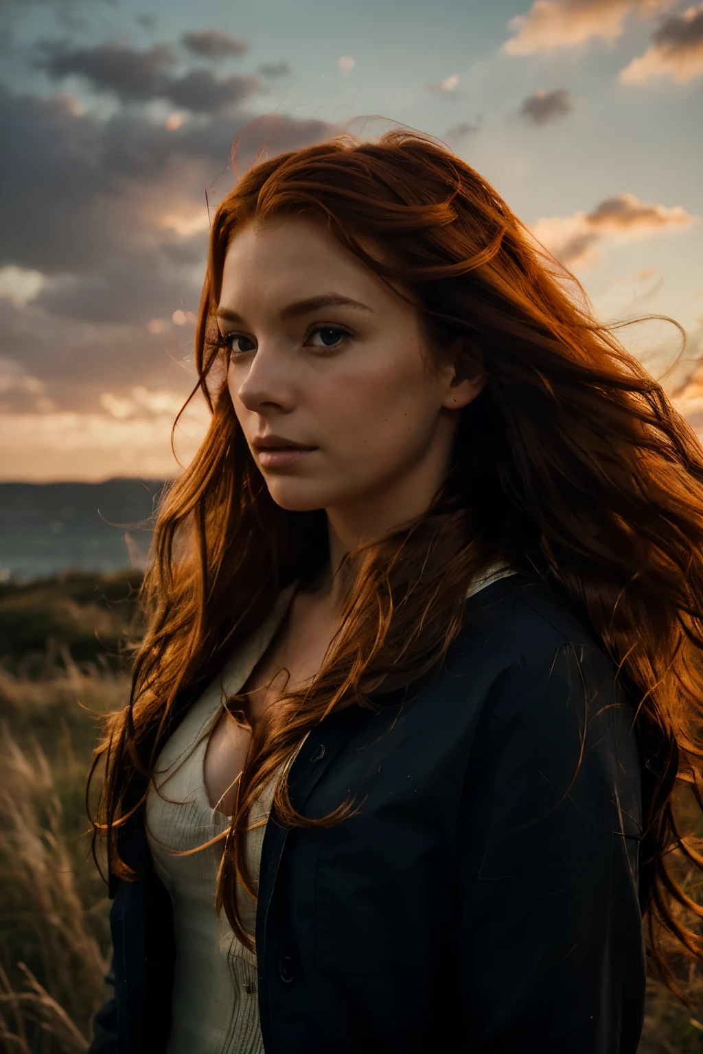 a portrait of a redhead woman with windswept tresses, her hair entangled like flames against a twilight sky, emanating untamed beauty