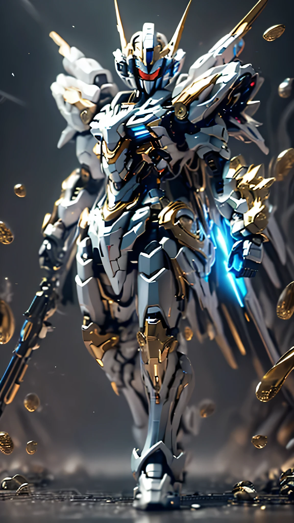 最high quality、best image quality、masterpiece、Mecha((white body、gold line、two black arms、two black legs、white backpack、Red shoulder、red glowing visor、With a beam saber、whole body missile、rifle、firing、finding、shining effect)),high quality、beautiful art、background((skyscraper city、battlefield))、Flight、debris flies、Depth of written boundary、movie、visual art、perfect art、8K,genuine、Dynamic Performance