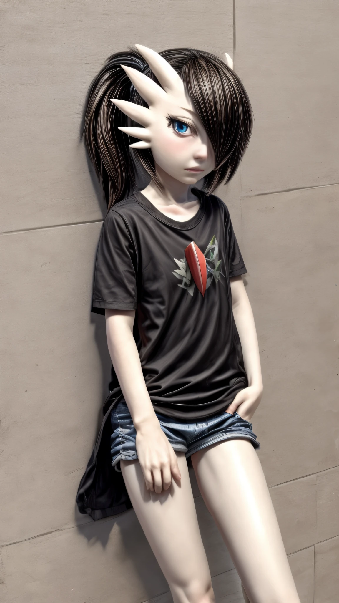 1 girl, Alone, artwork, best_quality, Photoshoot, looking at camera, college age young adult gardevoir, tired expression, Pokémon, Pokémon (game), game freak, nintendo, (porcelain skin), blue eyes, (hair black), (messy hair in a ponytail), black cardigan, loose t-shirt, black sweatpants, gen 3 pokemon, Pokémon (creature), White skin, concrete background, leaning 