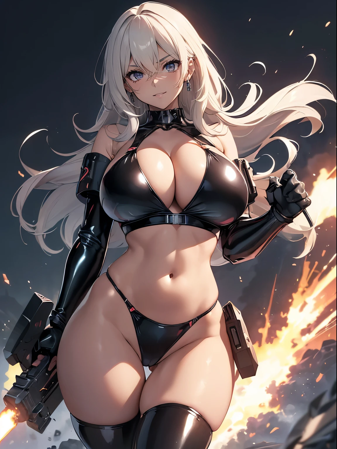 masterpiece, ultra-detailliert, 8k, hiquality, Top image quality, digitial illustration, Seductive Anime Girl, ((Combative posing:1.4)), ((Hover effect:1.2)), Meticulously drawn hair, Detailed eye depiction, appearance Splash paint background in colors, Center, ((heavy weapons:1.4, armament:1.3))、((latex micro bikini:1.3 crop top:1.3))、((cleavage:1.3))、((crop top navel))、((highleg:1.3))、((huge breasts:1.3))、((huge hip:1.3))、((thick thighs))、((collarbone))、((cameltoe))、seductive smile、shiny skin、Sharp Focus, draw the full body, Glossy realistic skin texture, Precise human body structure、Smooth texture
