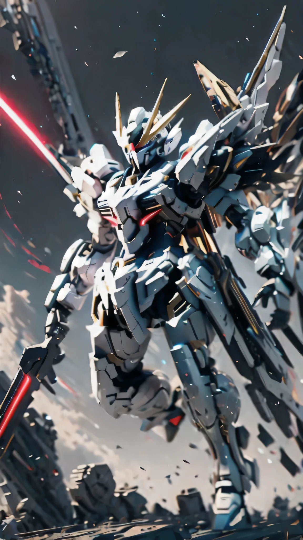最high quality、best image quality、masterpiece、Mecha((white body、gold line、two black arms、two black legs、white backpack、Red shoulder、red glowing visor、With a beam saber、whole body missile、rifle、firing、finding、shining effect)),high quality、beautiful art、background((skyscraper city、battlefield))、Flight、debris flies、Depth of written boundary、movie、visual art、perfect art、8K,genuine、Dynamic Performance