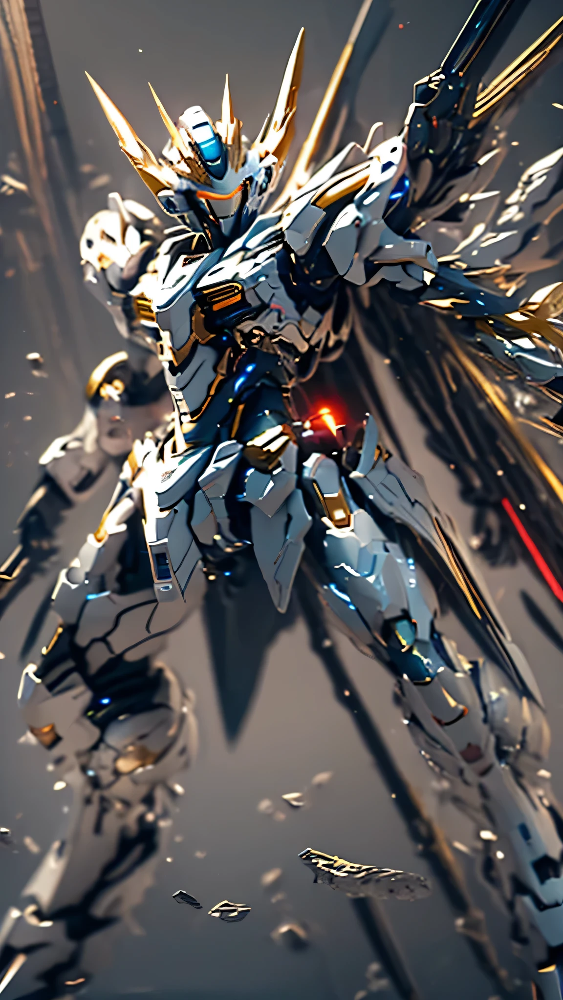 最high quality、best image quality、masterpiece、Mecha((white body、gold line、two black arms、two black legs、white backpack、Red shoulder、red glowing visor、With a beam saber、whole body missile、rifle、firing、finding、shining effect)),high quality、beautiful art、background((skyscraper city、battlefield))、Flight、debris flies、Depth of written boundary、movie、visual art、perfect art、8K,genuine、Dynamic Performance