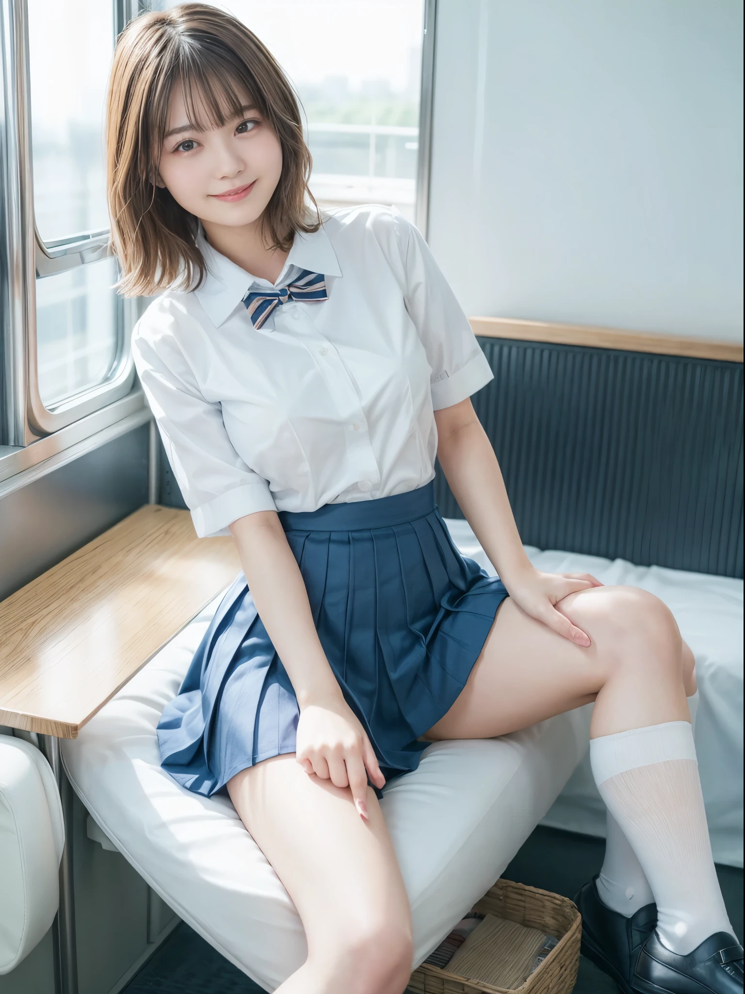 highest quality,very detailed,masterpiece,realistic,Photoreal,bright lighting,1 girl, very beautiful 17 year old girl, (cute:1.2),faint smile, (brown eyes),(light brown hair),(bangs),perfect shiny skin,perfect skin,((erotic,sexy and sexually explicit)),((Accurate needle without dissonance)), big and full breasts,big breasts and thin waist, pay attention to your audience,,((short sleeve uniform white shirt)),(Mini pleated skirt in blue),(((スカートをlift it yourself))),(lift it yourself),nsfw, (spread pussy:1.3),spread your legs apart, ((sit,open your legs wide)), socks, (black knee socks),(loafer shoes), daytime,in the train,Horizontal seat with your back to the window, big smile