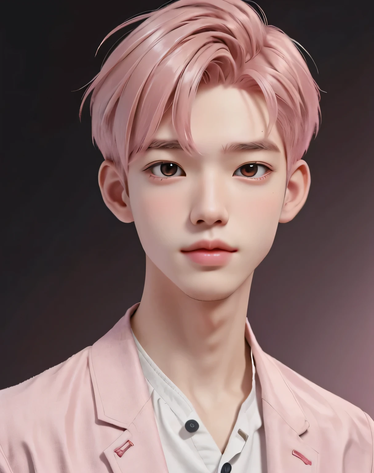 best quality, 1boy, seulement, portrait de dessin animé ,  background,  cheveux courts,   pink lips, cheveux roux, porter une veste universitaire rouge