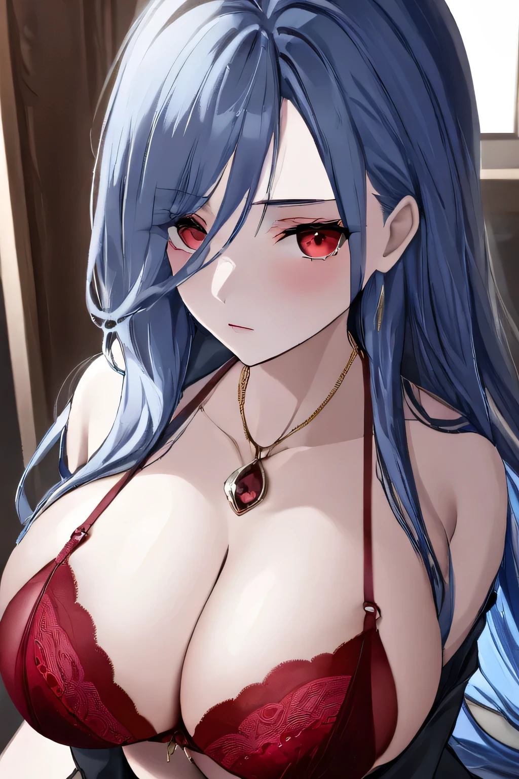 kelolinde,1girl,jewelry,breasts,skirt,solo,shirt,bra,cleavage,pantyhose,necklace,looking at viewer,holding,red bra,long hair,blue hair, red eyes, detail face, detail hair, detail eyes
