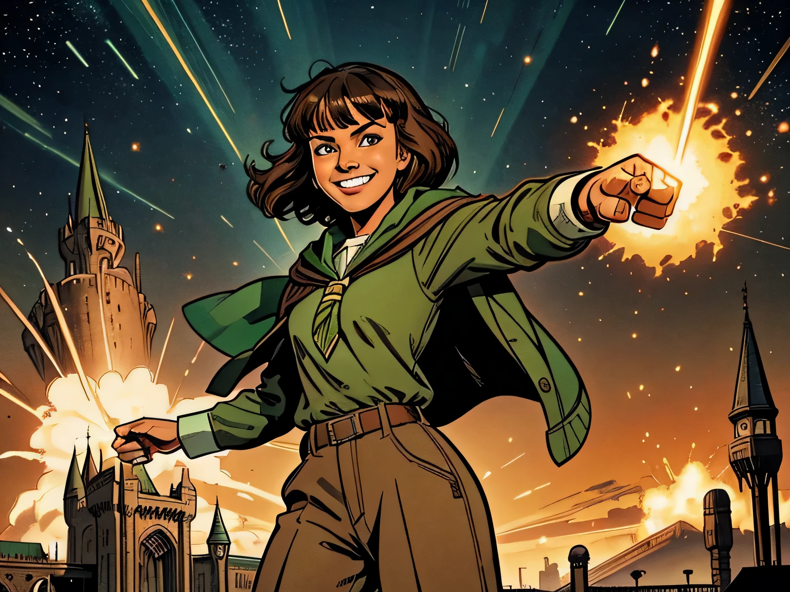 moleca adolescente bronzeada mista, 13 anos de idade, , 1 garota, cabelo castanho curto cheio com franja, energetic smile, uniforme peculiar da Sonserina, Wearing pants, capa da Sonserina, Fundo do castelo de hogwarts, efeito explosivo, Sky of the day, apontando, 1930s, 30s, posando, retrato, estourar, arte da Marvel HQ