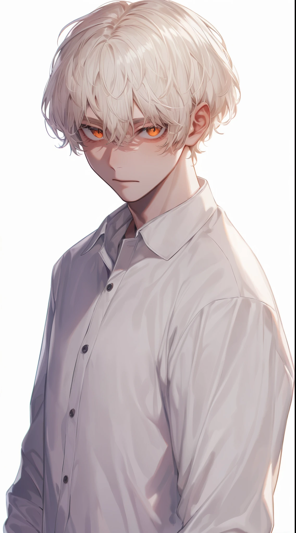 Beautiful young man, 19 years old, with puratina blonde hair, short hair, orange eyes, White background, standing picture, and slanted pupils,high quality, amount of drawing, pixiv illustration,closed mouth