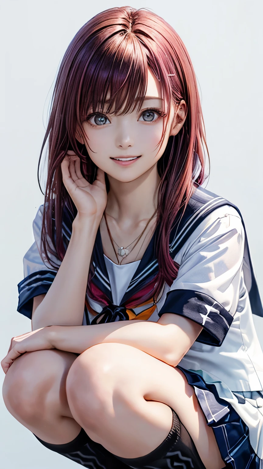 (highest quality、8K、32k、masterpiece)、(realistic)、(Photoreal:1.2)、(High resolution)、Super detailed、very beautiful face and eyes、1 girl、round and small face、thin waist、delicate body、(close、highest quality、high detail、Rich skin details)、(highest quality、8K、oil paint:1.2)、Super detailed、(realistic、realistic:1.37)、bright colors、(((I have pink hair)))、(((bust shot)))、(((long hair)))、(((pure white wall background)))、(((pure white wall background)))、(((wear a sailor suit)))、(((laughter)))、(((Teeth are visible)))、(((side tail hair)))、(((Wearing a short-sleeved sailor suit)))、(((look straight ahead)))、(((Wearing a heart necklace)))、(((she is wearing a sailor suit)))、(((squatting down)))、(((Has a shy look)))、(((plaid pleated skirt)))、(((mini skirt)))、(((I'm wearing black knee socks)))