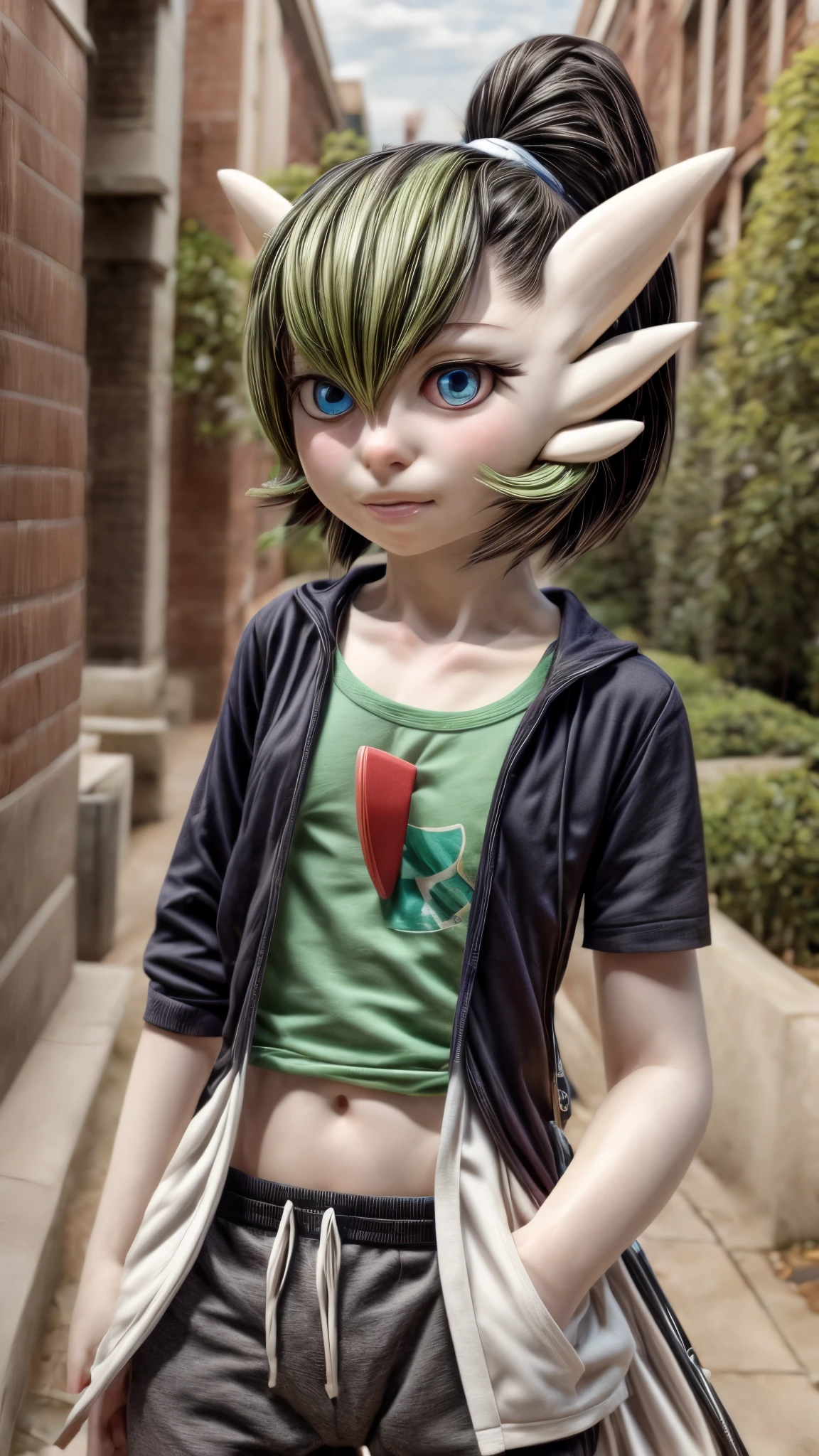 1 girl, Alone, artwork, best_quality, Photoshoot, looking at camera, college age young adult gardevoir, tired expression, Pokémon, Pokémon (game), game freak, nintendo, (porcelain skin), blue eyes, (hair black), (messy hair in a ponytail), black cardigan, loose t-shirt, black sweatpants, gen 3 pokemon, Pokémon (creature), White skin, campus background, leaning, add_detail:3