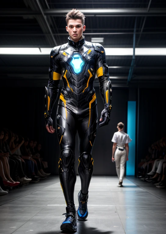 arafed male model in a tan and black outfit walking down a runway, concept art inspired by Maximilian Cercha, reddit, net art, futuristic clothing, wearing futuristic clothing, futuristic tech wear, futuristic clothes, futuristic fashion clothing, skintight suits, futuristic fashion show, clothes from the future, biopunk suit, futuristic attire, biopunk futuristic wardrobe