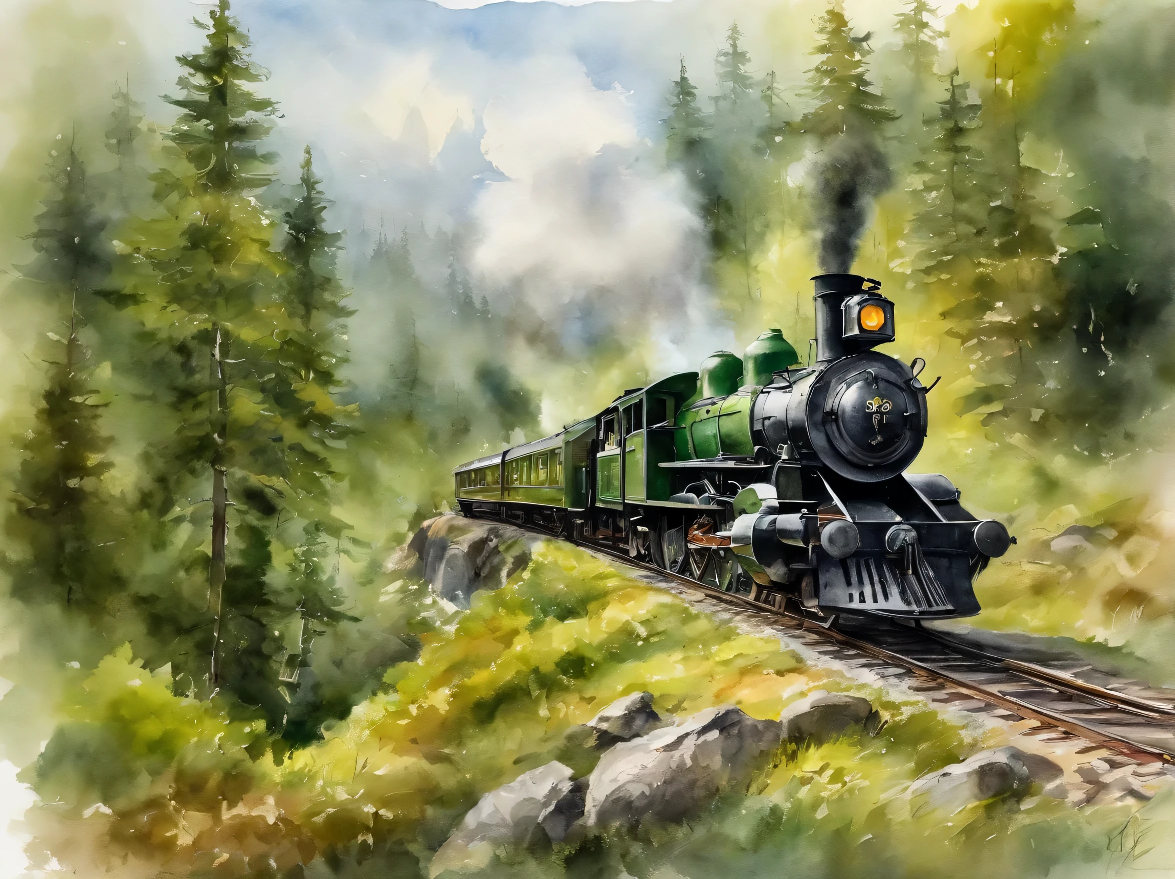 an old steam train（double track railway）Travel through dense Siberian forests，The distant scenery includes towering snow-capped mountains，Dense forest in foreground，tall trees。This scene captures lush greenery，pines and cypresses。watercolor art（Toshiyuki Abe’s style)，Resolution is 8K，Provides ultra-detailed visuals。The artistic style is a depiction of nature，Emphasize the ancient and delicate details of the trees，Vibrant dark and light green shades。medium long shot，soft warm light，It creates an atmosphere of tranquility and mystery。
