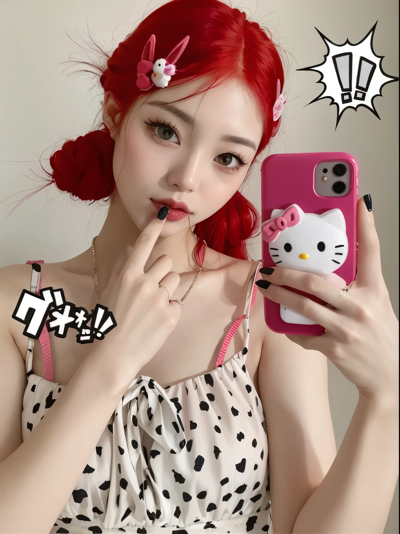 There's a red-haired woman holding a cell phone, ulzzang, muy hermosa linda catgirl, estilo de color rosa y rojo, Hello kitty, con cabello rosado, (colores rosados), autofoto iphone, 🎀 🧟 🍓 🧚, Akasatanaha en , Festival de fantasmas hambrientos, chica gato atractiva