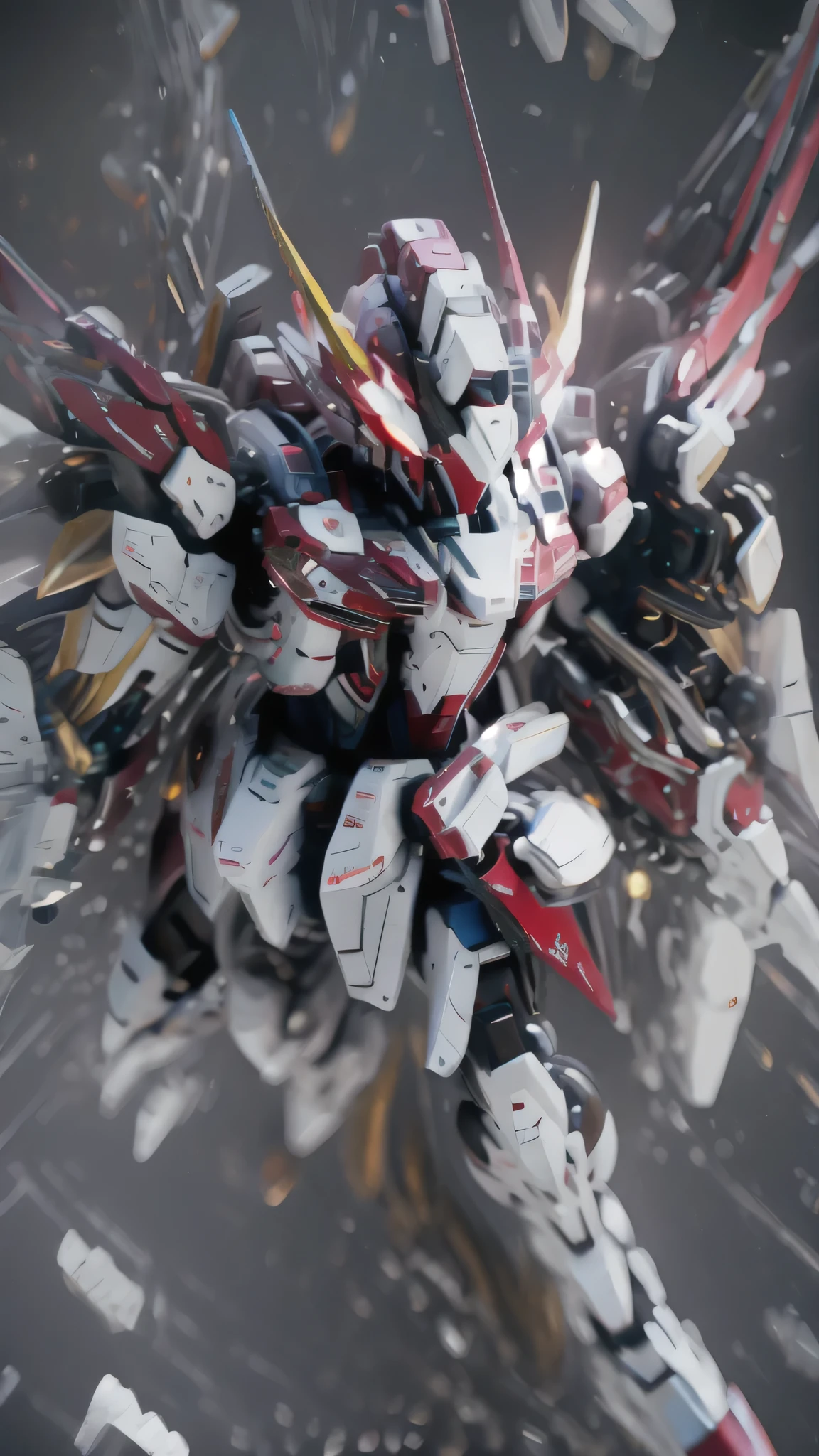 最high quality、best image quality、masterpiece、Mecha((white body、gold line、two black arms、two black legs、white backpack、Red shoulder、red glowing visor、With a beam saber、whole body missile、rifle、firing、finding、shining effect)),high quality、beautiful art、background((skyscraper city、battlefield))、Flight、debris flies、Depth of written boundary、movie、visual art、perfect art、8K,genuine、Dynamic Performance