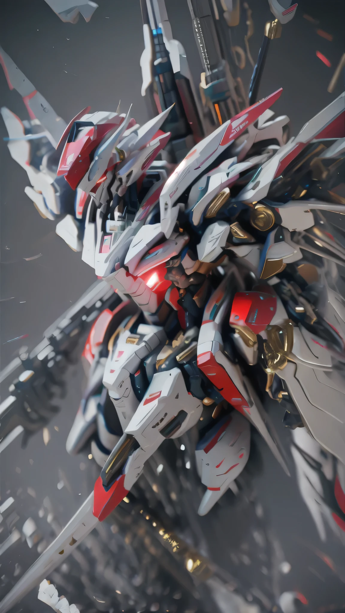 最high quality、best image quality、masterpiece、Mecha((white body、gold line、two black arms、two black legs、white backpack、Red shoulder、red glowing visor、With a beam saber、whole body missile、rifle、firing、finding、shining effect)),high quality、beautiful art、background((skyscraper city、battlefield))、Flight、debris flies、Depth of written boundary、movie、visual art、perfect art、8K,genuine、Dynamic Performance