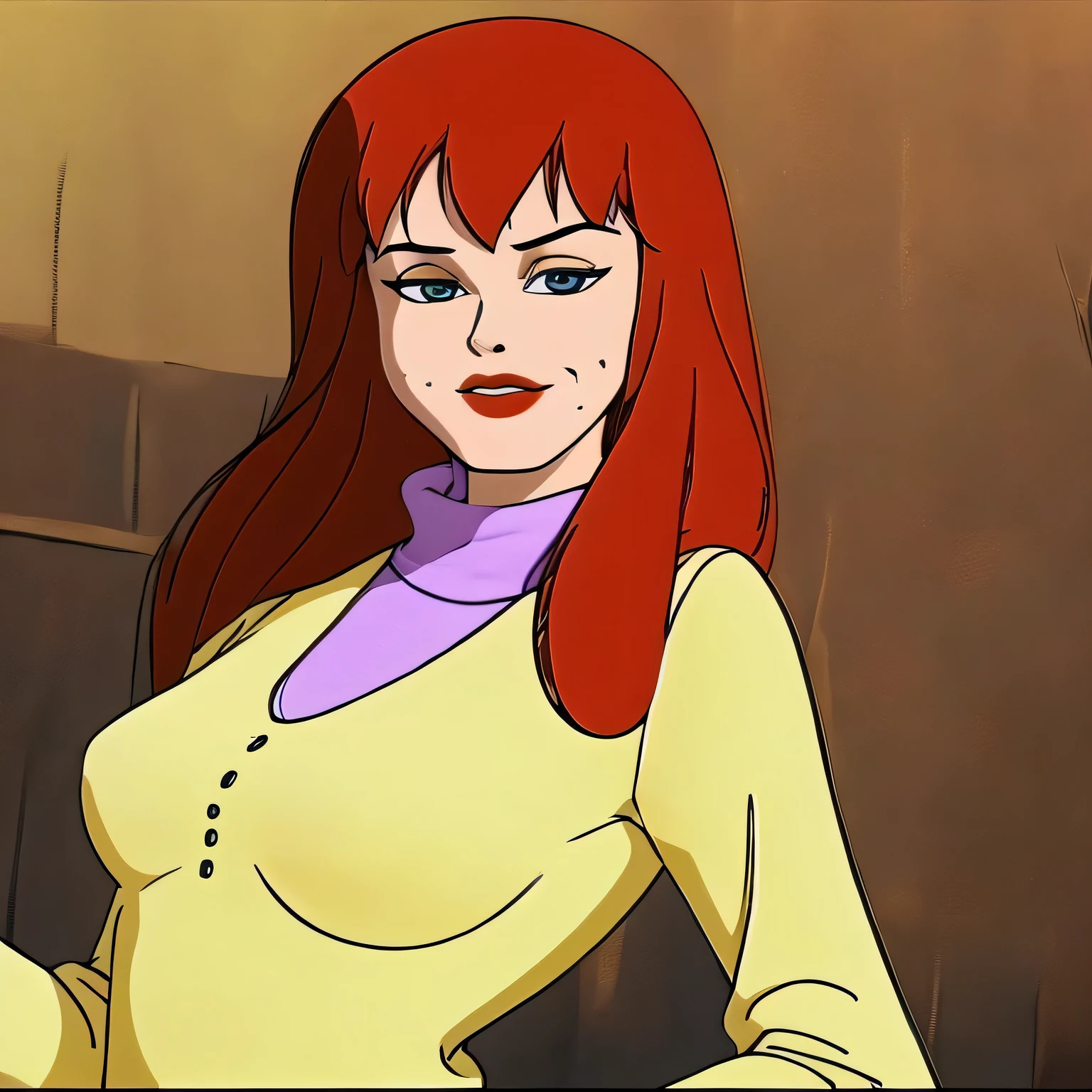 absurdres, mary jane watson, upper body, yellow sweater with purple turtleneck <lora:Mary Jane Watson_v1:1>