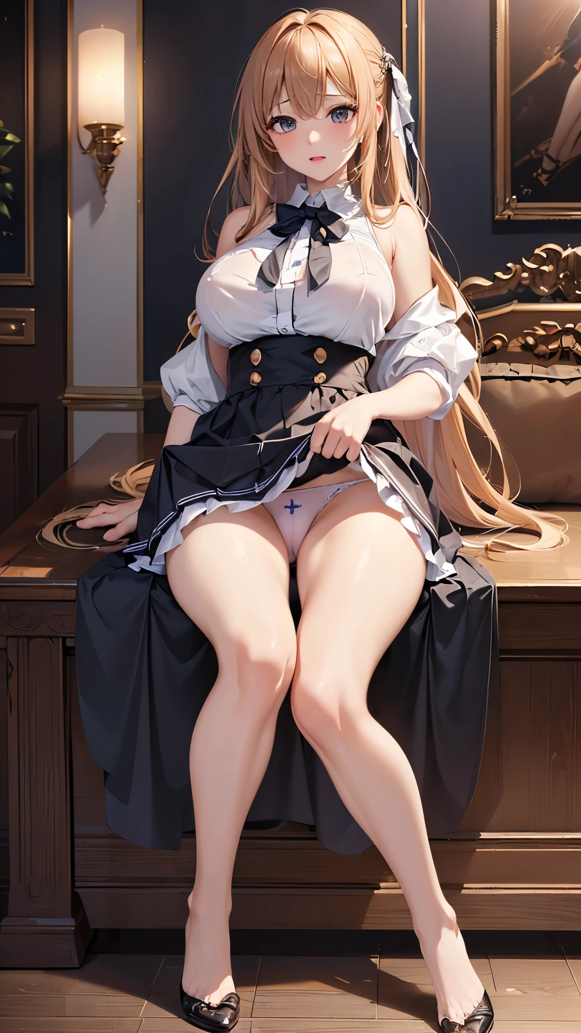 ((highest quality、High resolution、Highly detailed CG Unity 8K wallpaper))、detailed face、perfect body、unparalleled beauty、beautiful breasts、spread your legs wide、I'm seducing you、((She lifts up her skirt and shows her panties、sexy expression))