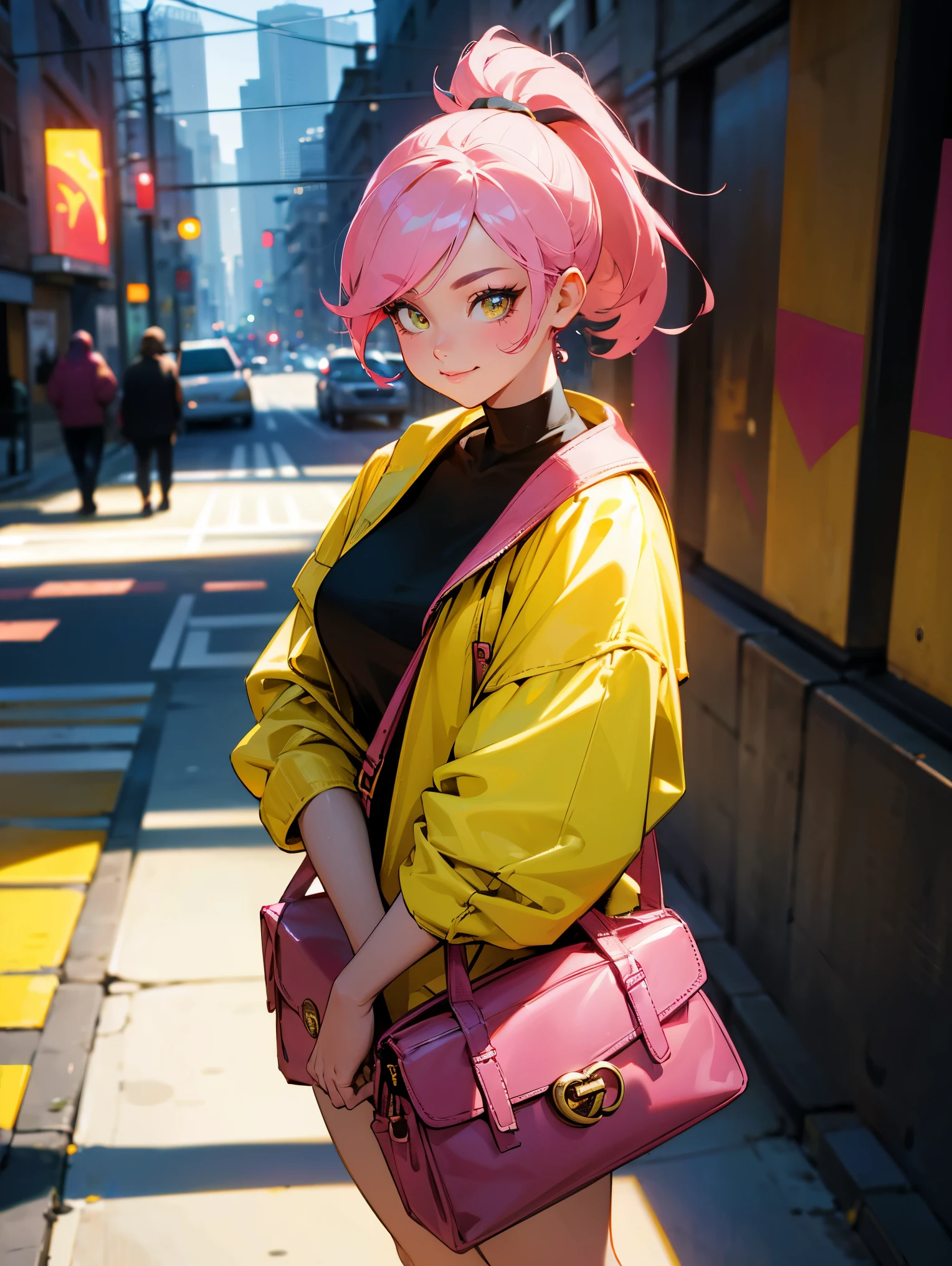 1female, adult female, curvy, pink hair, ponytail, standing on sidewalk, wearing a yellow varsity jacket and a black t-shirt underneath, carrying a Brown Gucci purse, Realistic, vivid colors, cinematic lighting, detailed facial features, long eyelashes, smile, focused gaze, urban setting, bustling cityscape in the background, vibrant street art, sunlight casting dynamic shadows, professional, highres, sharp focus, bokeh.