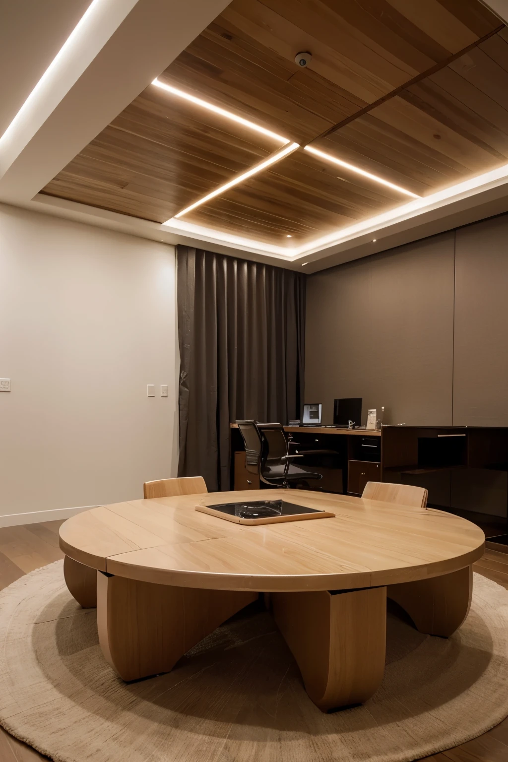 /imagine prompt: An interior shot capturing the essence of a CEO's cabin designed for luxury and serenity. The office boasts a parametrically designed curved ceiling, edgeless sofas, and chairs around a futuristic coffee table. The space's cream palette and mood lighting underscore a tranquil yet influential atmosphere, ideal for contemplative leadership. Created Using: high-definition interior, luxury serenity design, parametric curved ceiling, futuristic furniture, cream palette, tranquil influential atmosphere, contemplative leadership space 
