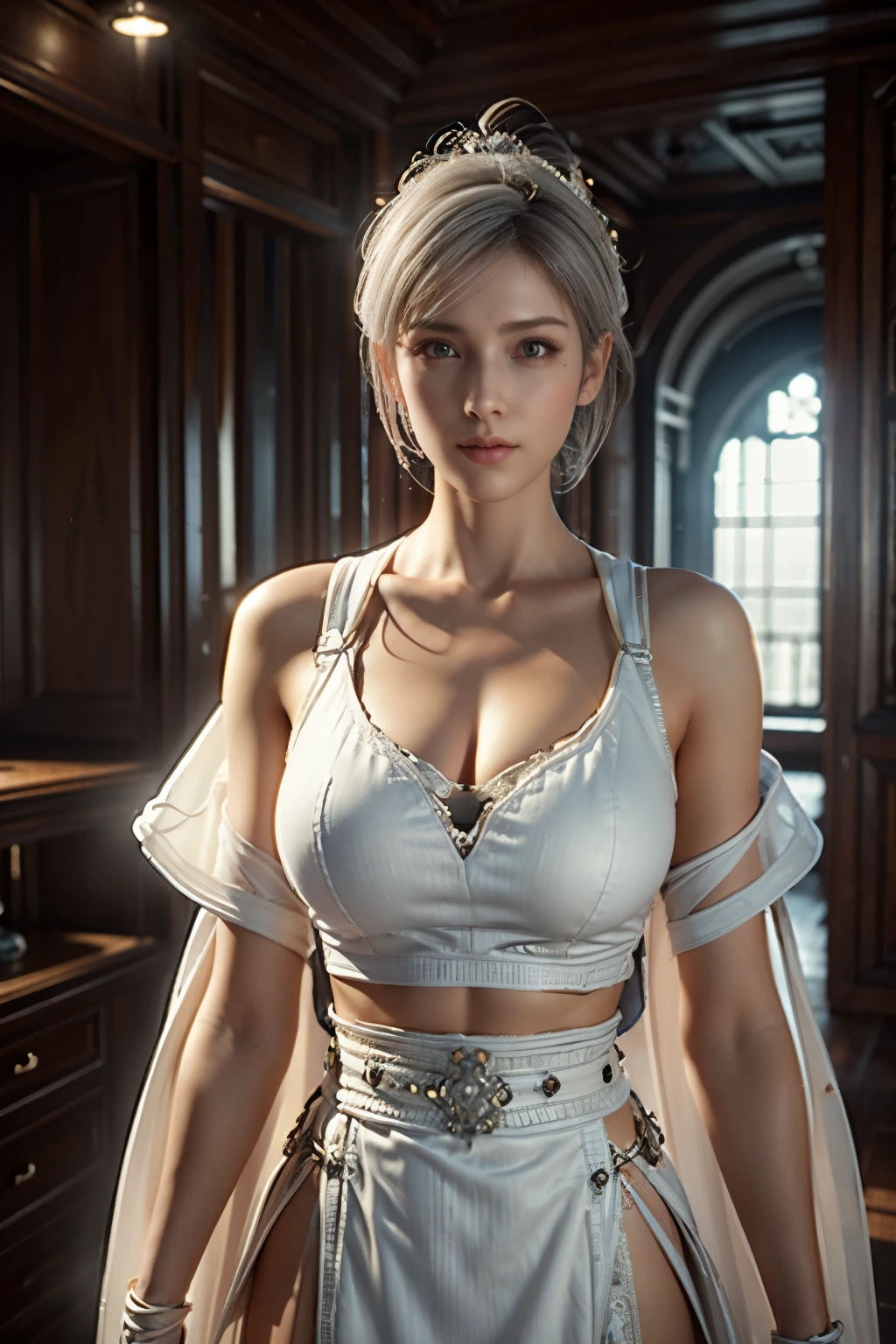 Masterpiece,Game art,The best picture quality,Highest resolution,8K,(A bust photograph),(Portrait),(Head close-up),(Rule of thirds),Unreal Engine 5 rendering works,
20 year old girl,Short hair details,With long bangs,(white hair),red eyes,Elegant and elegant,(Large, full breasts),(Wearing a white coat,Red suspender underwear),shut your mouth,serious yet charming,(scholar),photo poses,Sci-fi style laboratory,white room,
Movie lights，Ray tracing，Game CG，((3D Unreal Engine))，OC rendering reflection pattern