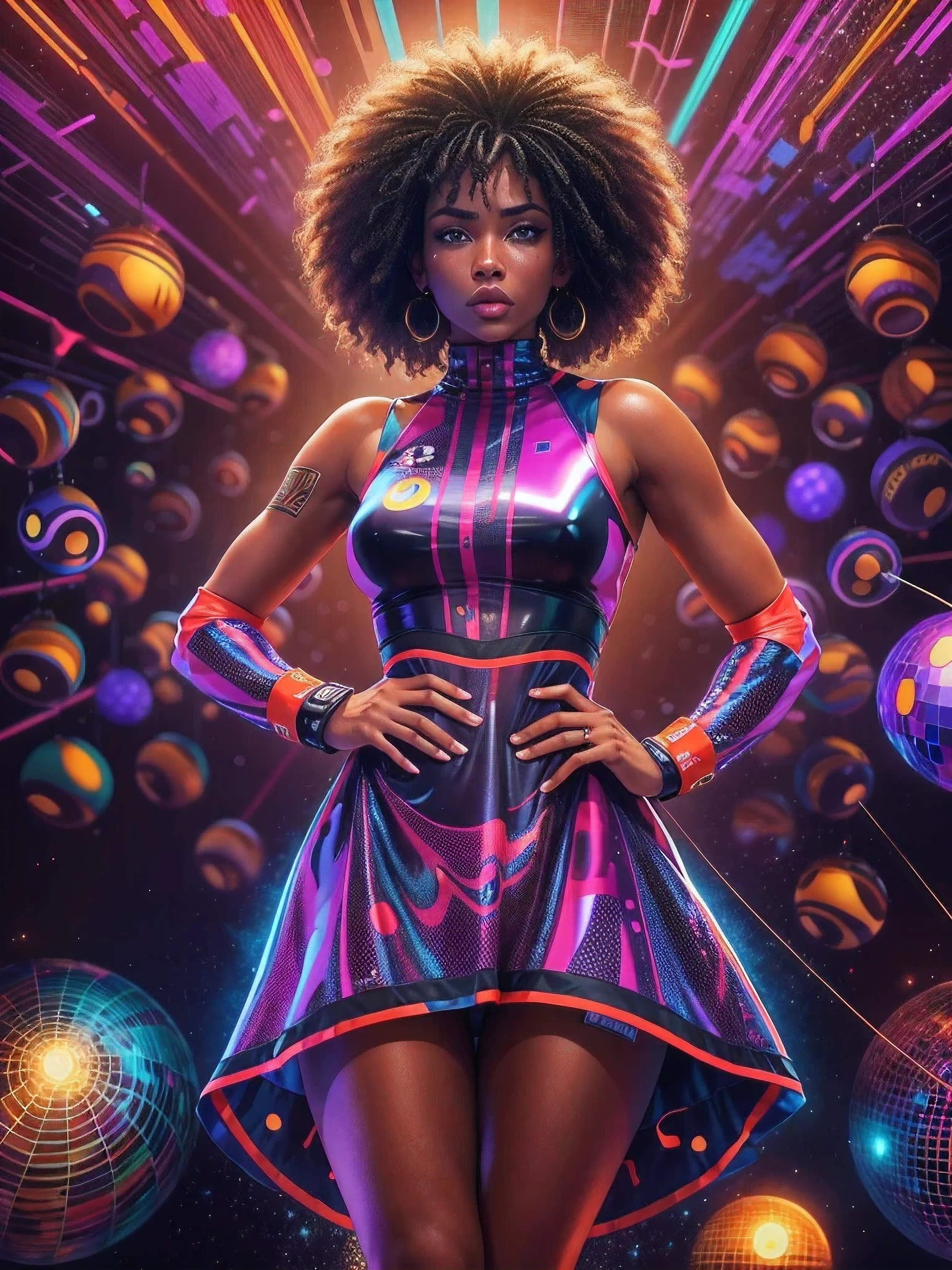  ((best quality)) , ((masterpiece)) ,((detail)) ,woman, aborigines, assassin,matte skate skirt,slicked back hairstyle,Peeping Space Age Blacktail,Simple background,  (((Disco theme complex background))) , energetic, fashionable, retro 70s style, shiny disco ball, neon lights, dance floor, Very detailed,8K resolution