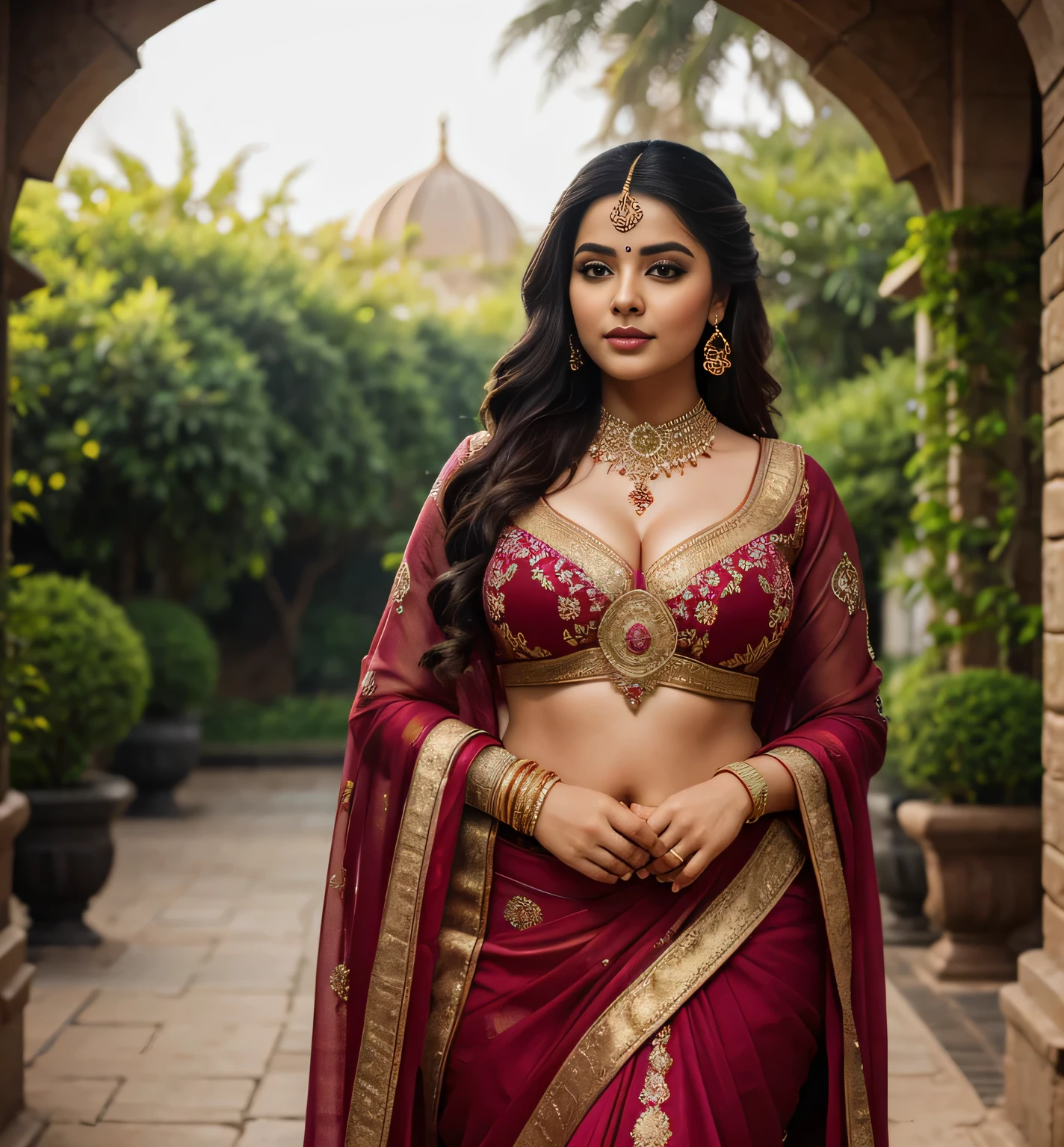 (masterpiece portrait photography:1.3) of a (solo:1.3) ravishing alluring curvy chubby arabian princess woman Aishwarya Nair ,posing in a ornate arabian garden, wearing nikaab, cape & sheer harem pants, navel, (ravishing wavy backlit hair), cinematic , lustful glance, (deep intricate eyes:1.3), (passionate expression:1.3)  dramatic lighting, depth of field, backlit, light rays, highly detailed, trending on artstation, paint splashes, rich colour, mythological portrait, by Guweiz & greg rutkowski