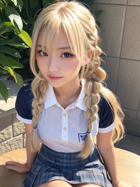 (table top:1.4, Photoreal:1.4, 8K), highest quality, masterpiece, ultra high resolution, perfect dynamic composition, big face、round face、((platinum blonde hair:1.0、long curly hair, Braid))、Highly detailed skin and facial textures:1.3, Detail of limbs, 1 girl, Cute sexy 22 year old Japanese woman, (tanned skin:1.0), tilt one&#39;s head, ((completely enchants you:0.9)), ((school uniform、chuck pattern mini skirt)),Medium chest, (look away、beautiful eyes, blue eyes、Eyes that feel beautiful eros:0.85), sexy face:0.4, (closed mouth、small mouth、thick lips、A taste of beautiful eroticism:0.85), ((Too cute beauty:0.9))、gal makeup、((extreme close up))