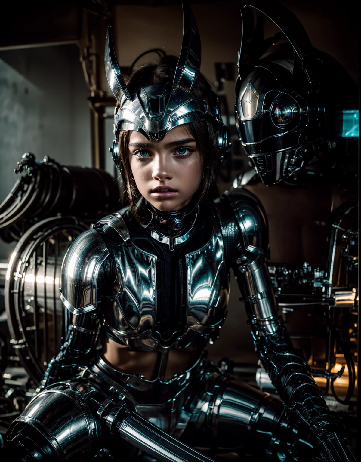 Young girl in mech chrome armor in the desert and twilight with a eagle beak shaped chrome robot behind her. Air is fill of dust and smoke from the battlefield. Sci Fi movie scene.  complex, highly detailed, and dramatic, cinematic lighting, professionally color graded, professional photography, well drawn, masterpiece, hyper realistic, ultra detailed, high quality, best quality, 4k, 8k, hi resolution