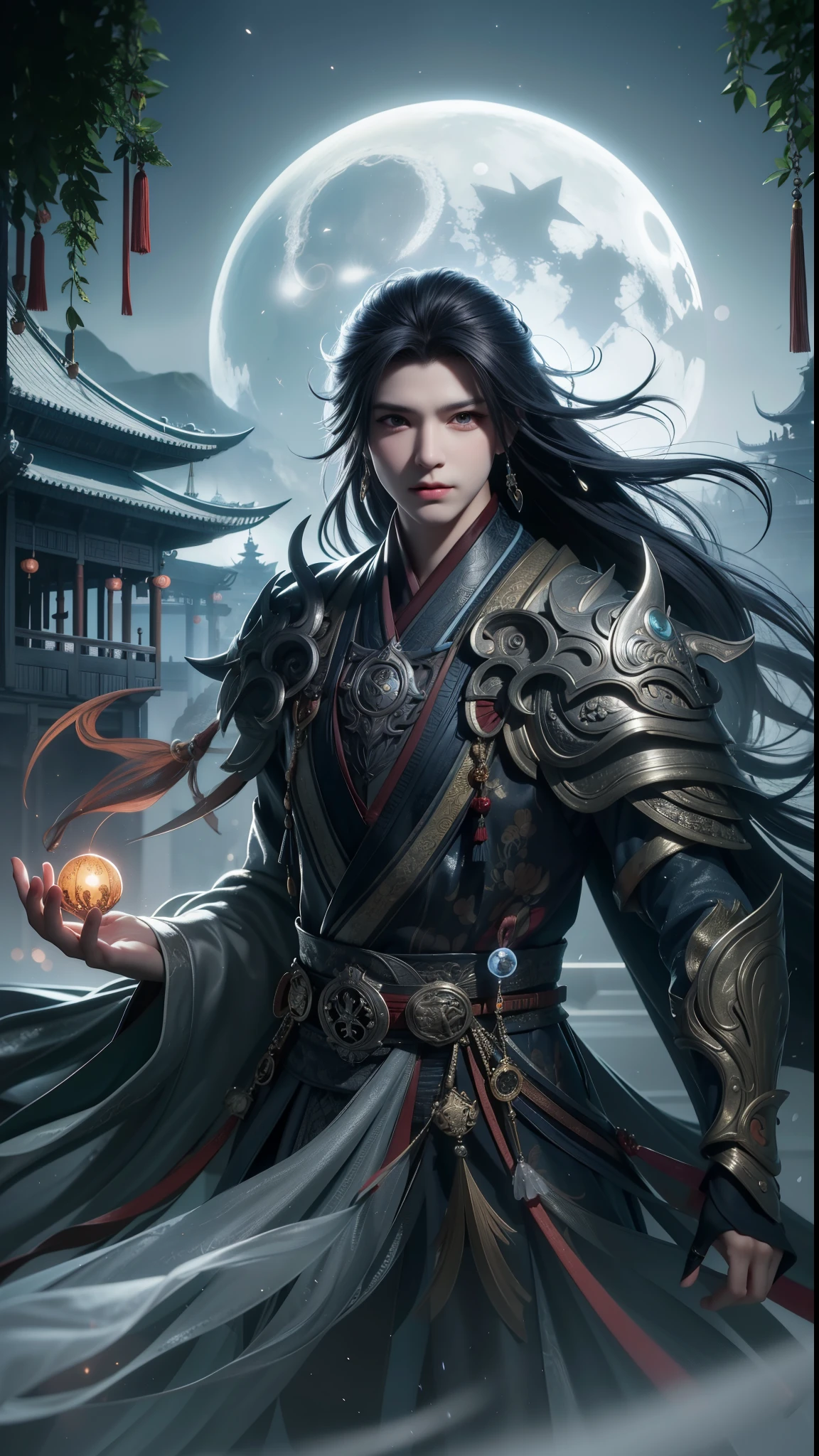 Arafad is depicted as a man wearing a full moon costume，Holding a glowing ball in his hand, Beautiful male god of death, Chinese fantasy, Graphic artist Magalivilleneuve, digital fantasy art ), author：Yang Jie, full body martial arts, 2. 5D CGI anime fantasy artwork, 4k fantasy art, High quality fantasy art, dark fantasy art, Epic and beautiful character art