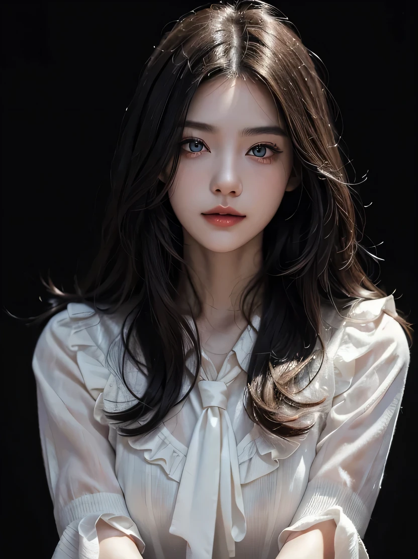 ((masterpiece、highest quality、Super detailed、High resolution、realistic、sharp focus))、bust shot、high contrast、high color saturation、 ((very delicate and beautiful))、crazy details、((beautiful woman portrait))、Sexy vampire girl、alone、black vest、white collared shirt、Crimson tie、pale skin、big lips、swollen lips、black lips、blue eyes、heterochromia、Ring-shaped eyes、shining eyes、black hair、long hair、evil smile、Scar face、view audience