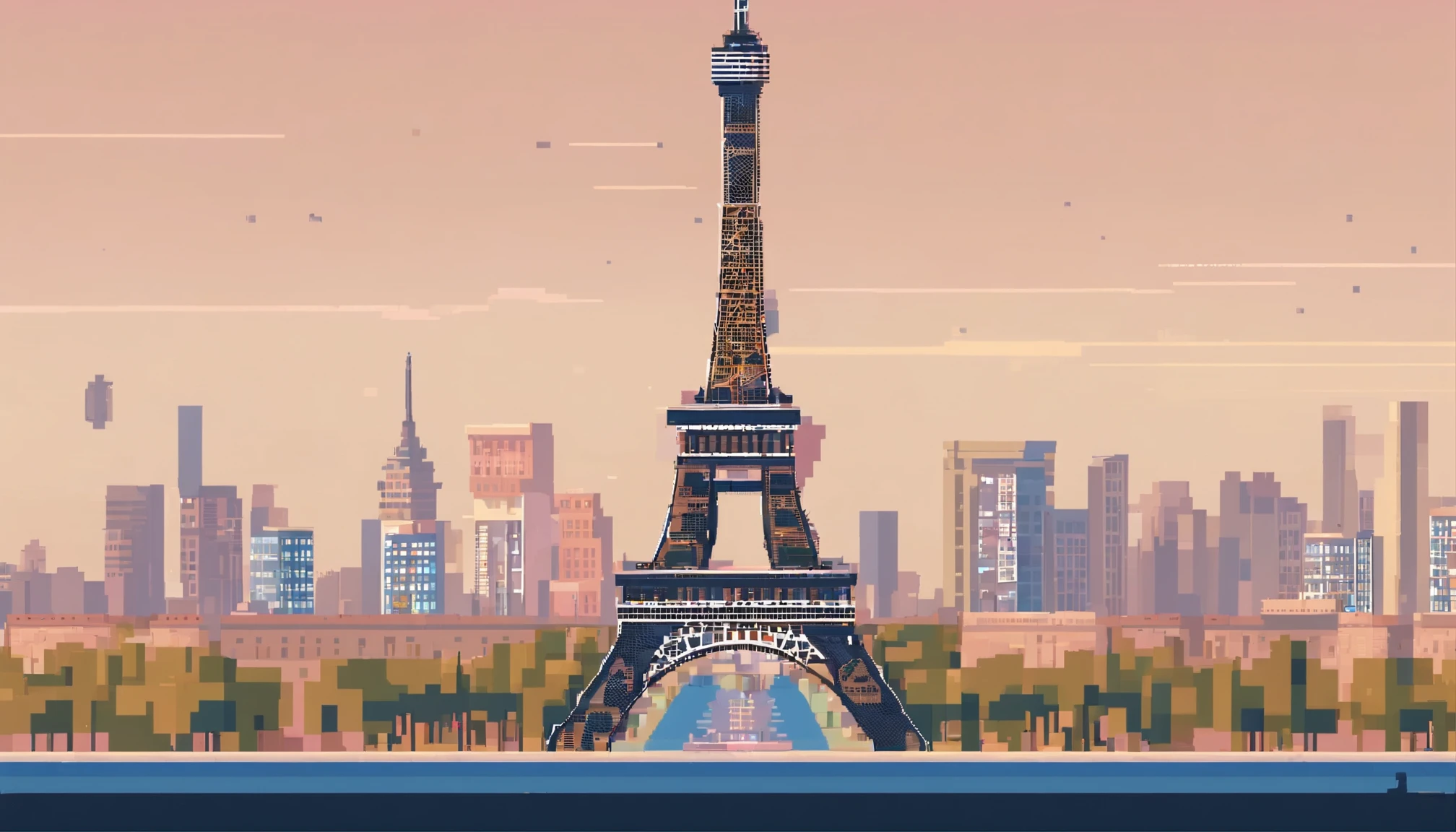 Crie uma imagem pixelada da Torre Eiffel em Paris, highlighting its iconic silhouette and structure details.