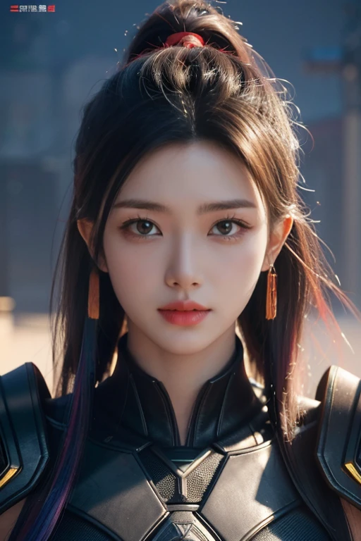 Game art，best picture quality，Highest resolution，8K，((A half-length photo))，((portrait))，((Head close-up))，(rule of thirds)，Unreal Engine 5 rendering works， (future girl)，(female warrior)， 22 year old young hacker)，(rainbow hair，ancient oriental hairstyle)，((red pupils:1.3))，(Beautiful eyes full of details)，(big breasts)，(eye shadow)，Elegant and charming，indifferent，((anger))，(Chinese general armor，joint armor，There are exquisite Chinese patterns on the clothes，sparkling jewelry)，cyberpunk characters，futuristic style， photo poses，city background，Cinema lights，Ray tracing，Game CG，((3D Unreal Engine))，OC rendering reflection pattern